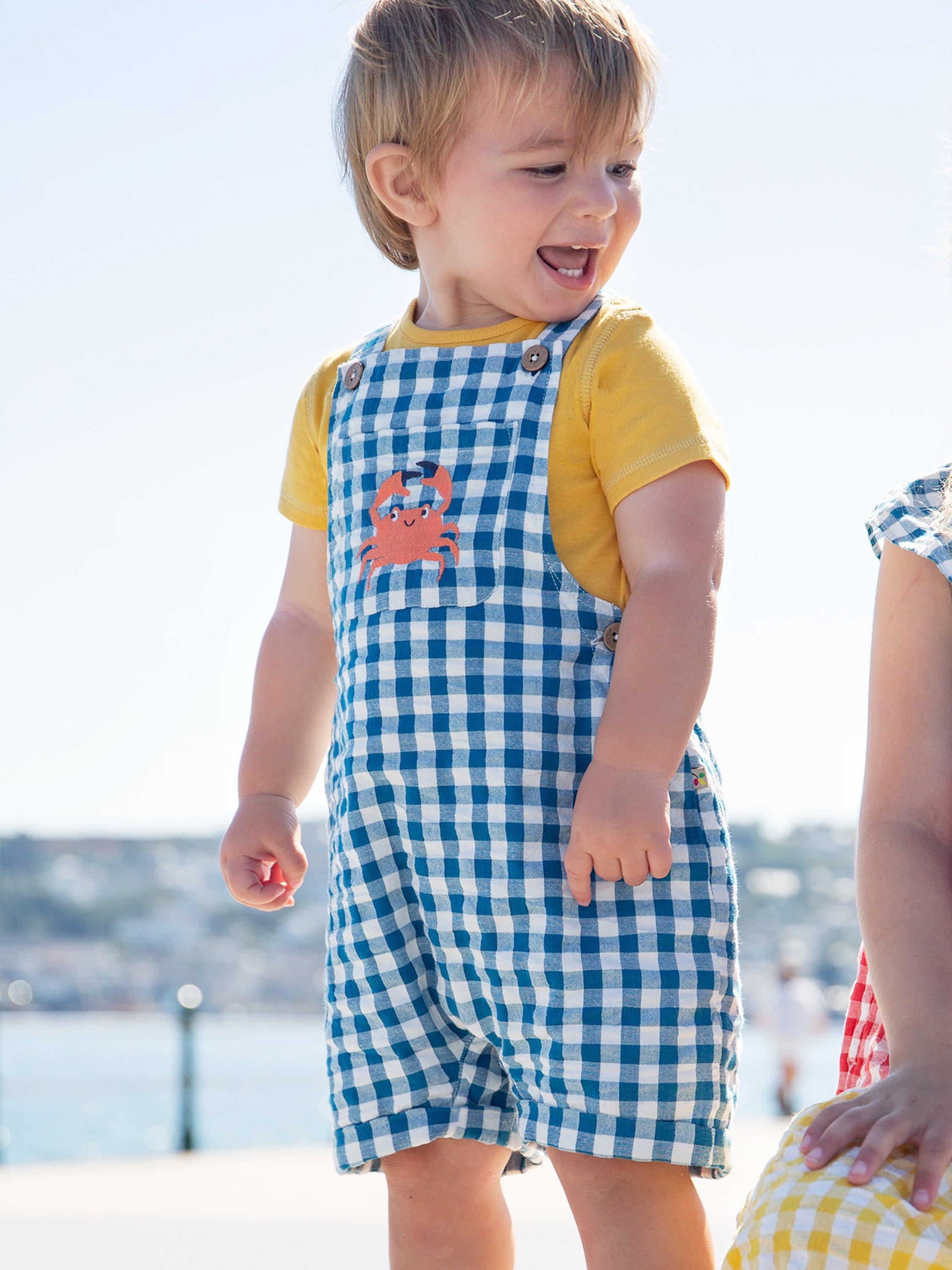 Frugi Kids' Alby Organic Cotton Gingham Crab Dungarees, Deep Sea