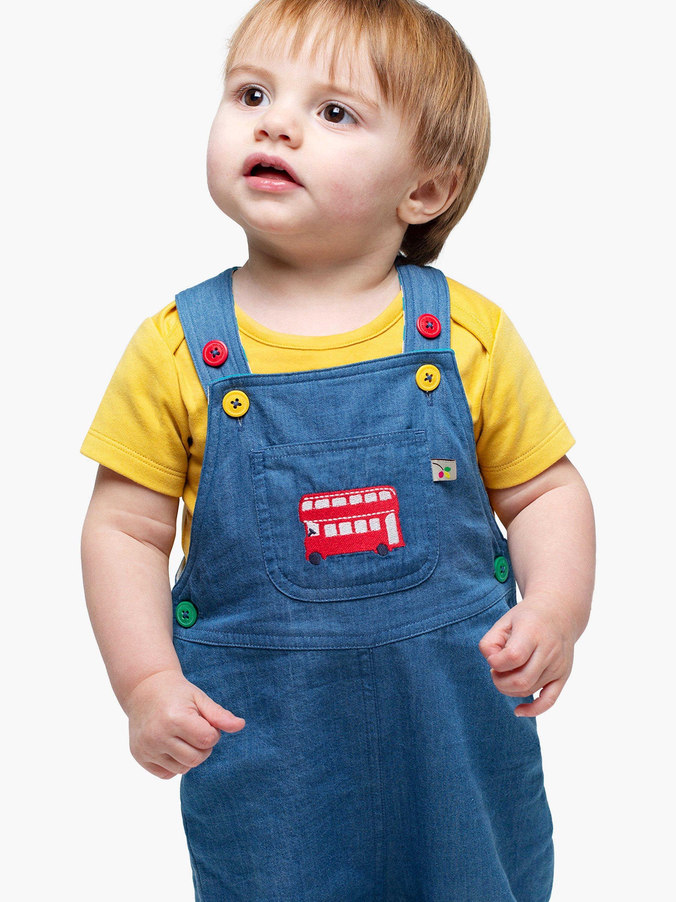 Frugi Kids' Organic Cotton Hopscotch Bus Dungarees, Chambray
