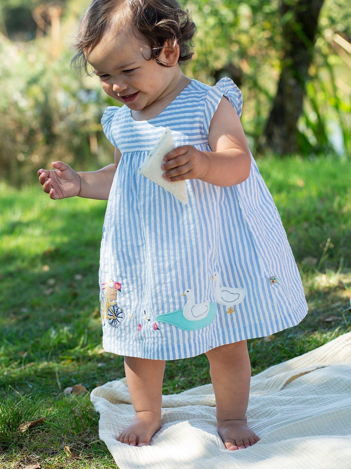 Frugi Baby Spring Birdie Striped Cotton Dress, Blue/White
