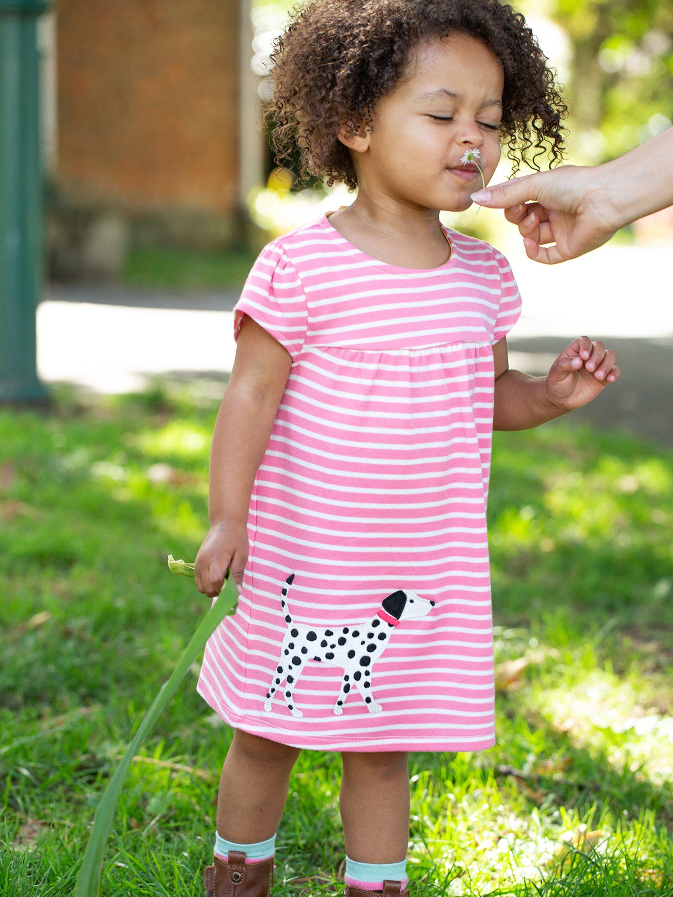 Frugi Kids' Organic Cotton Spring Dog Skater Dress, Mid Pink Breton/Dog