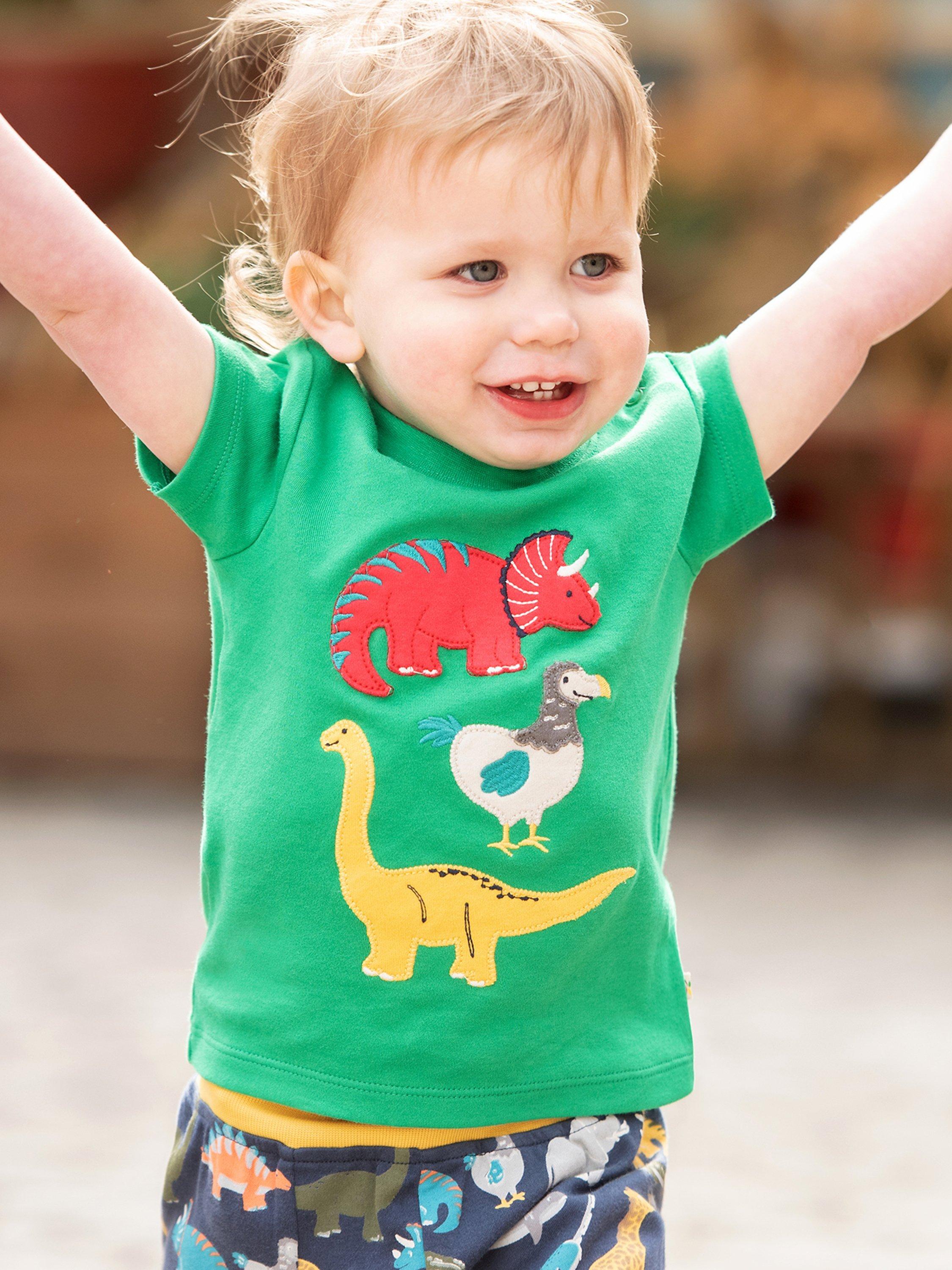 Frugi Kids' Organic Cotton Dinosaur Applique Top, Ribbit Green