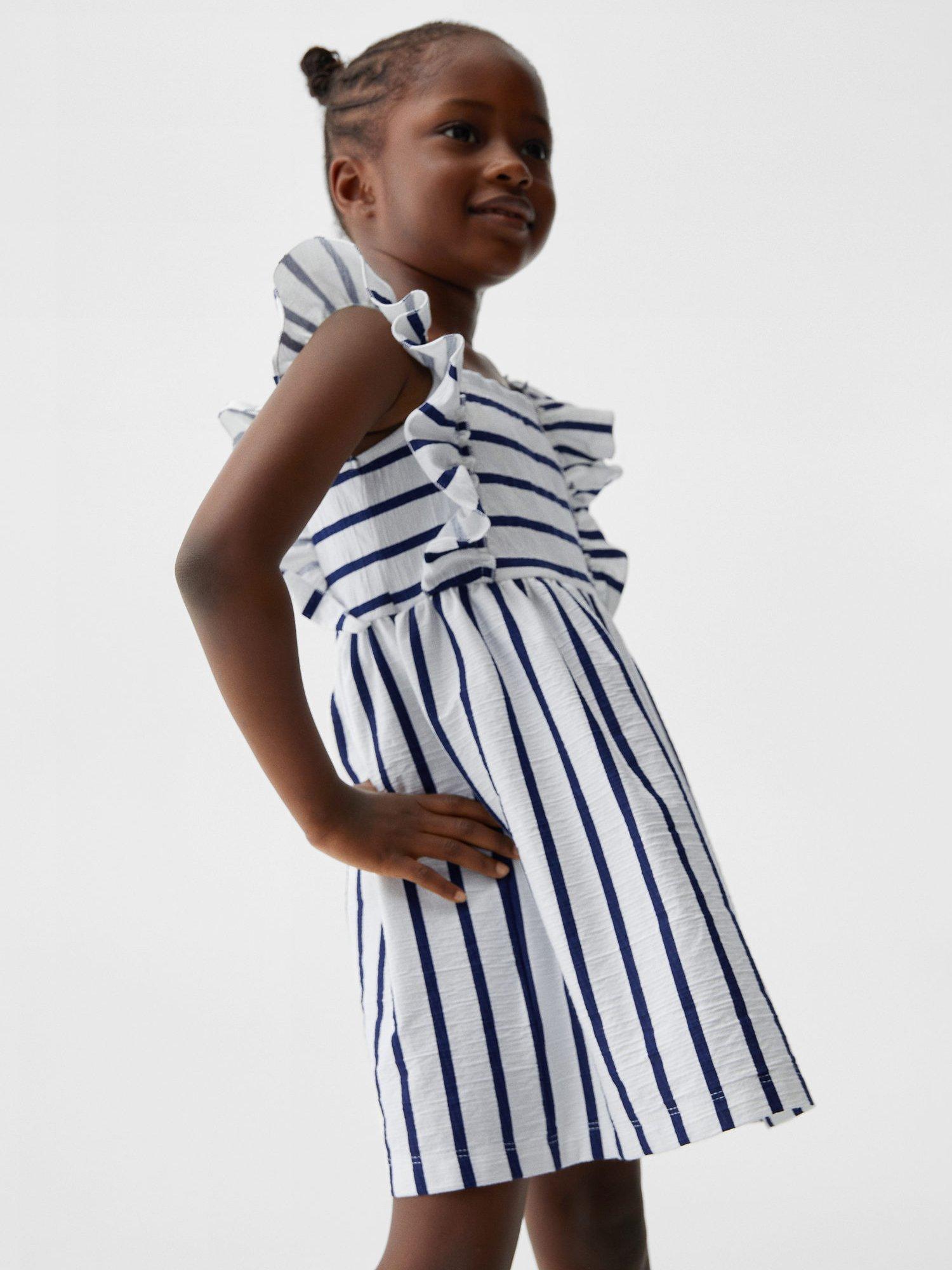 Mango Baby Cascais Ruffle Strap Stripe Dress, Navy/White