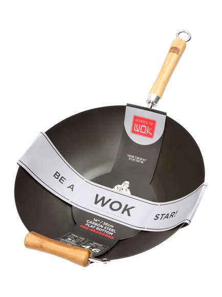 School Of Wok Carbon Steel Pre-Seasoned Wok, 36cm, Black