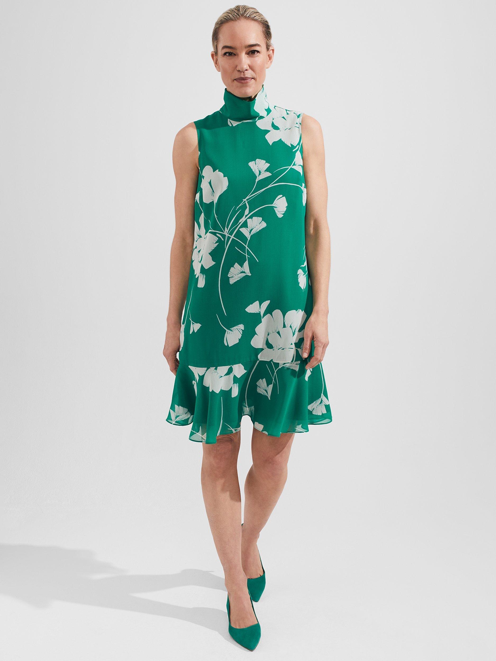 Hobbs Madeline High Neck Floral Print Dress Green Ivory