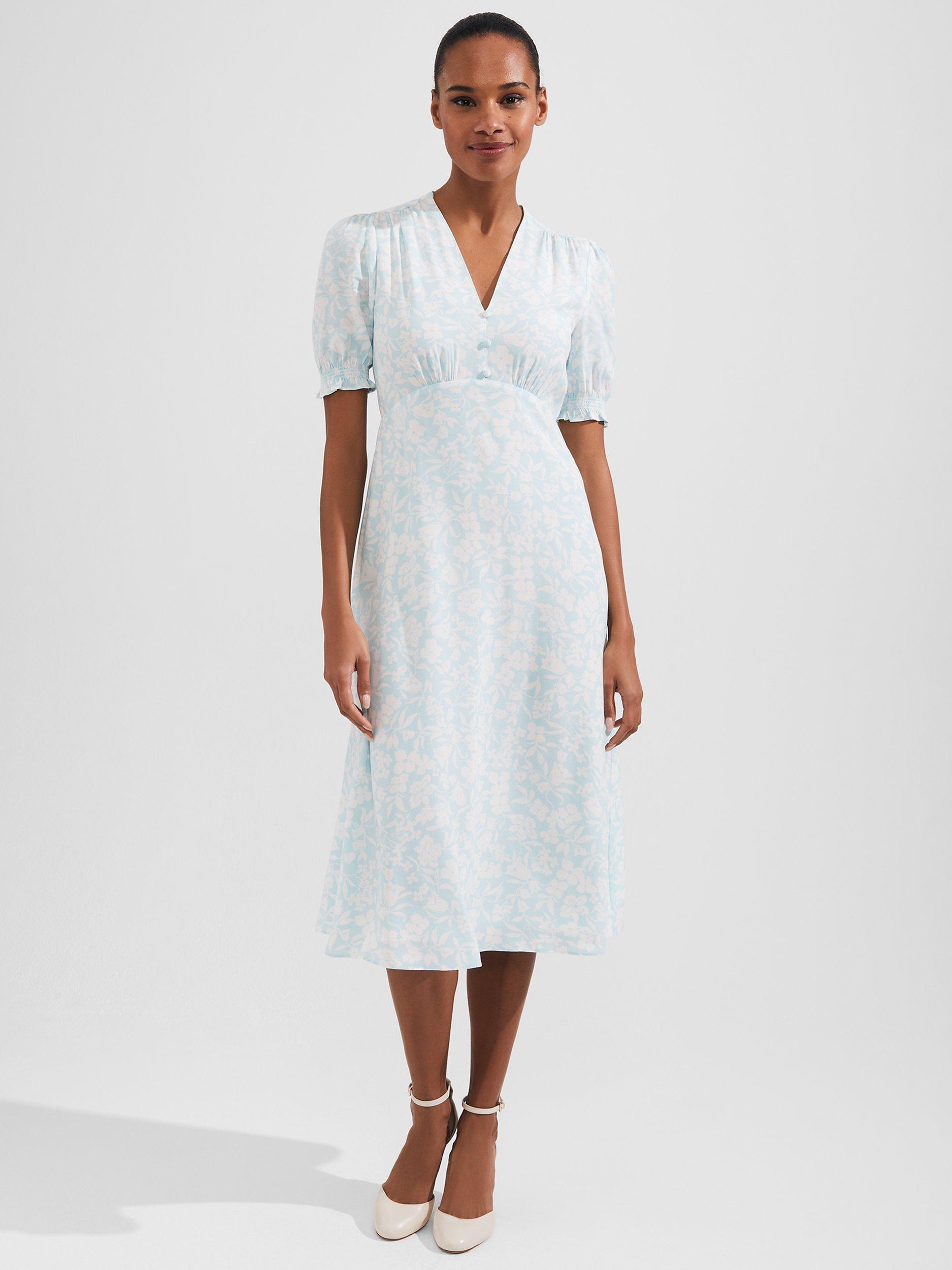 Product image 1 of 5, which shows Hobbs Helen Dress, Blue Ivory, 10
