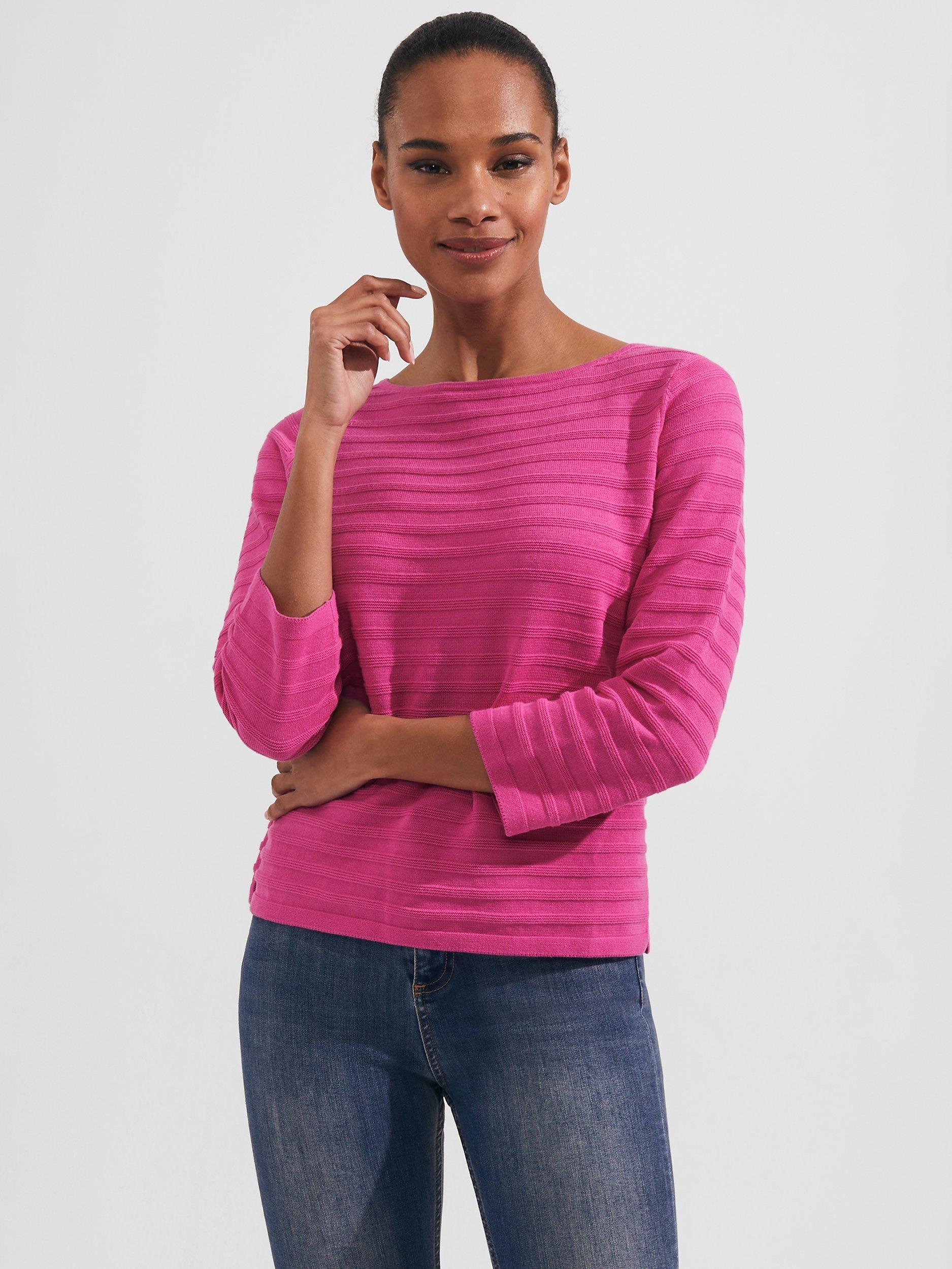 Hobbs Nellie Textured Stripe Cotton Jumper, Deep Fuchsia
