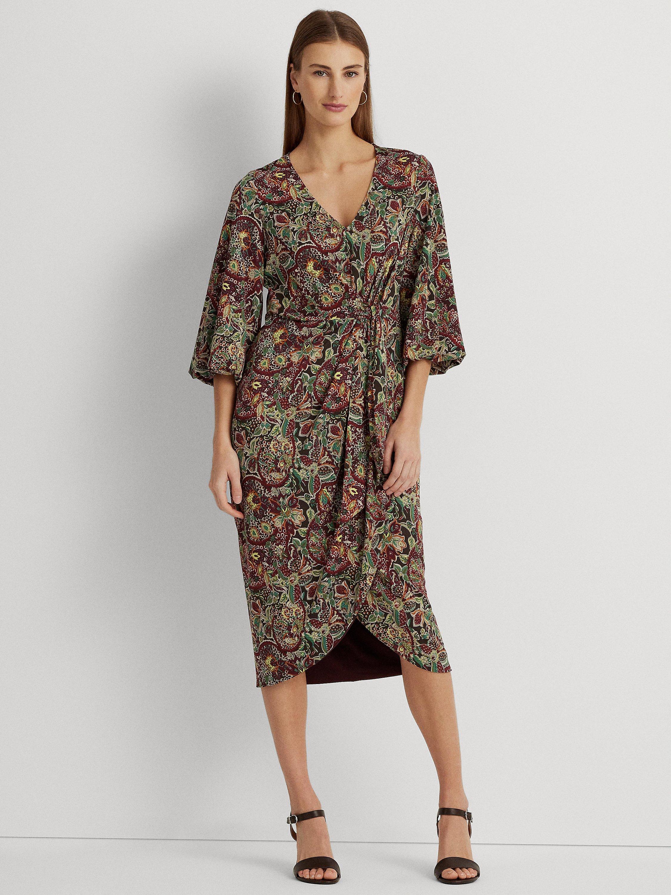 Lauren Ralph Lauren Jocova Woodblock Print Midi Jersey Dress, Burgundy/Multi