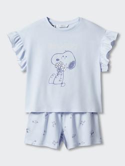 Mango Kids' Valerie Snoopy Frill Shorts Pyjamas, Pastel Blue, Lt-pastel Blue