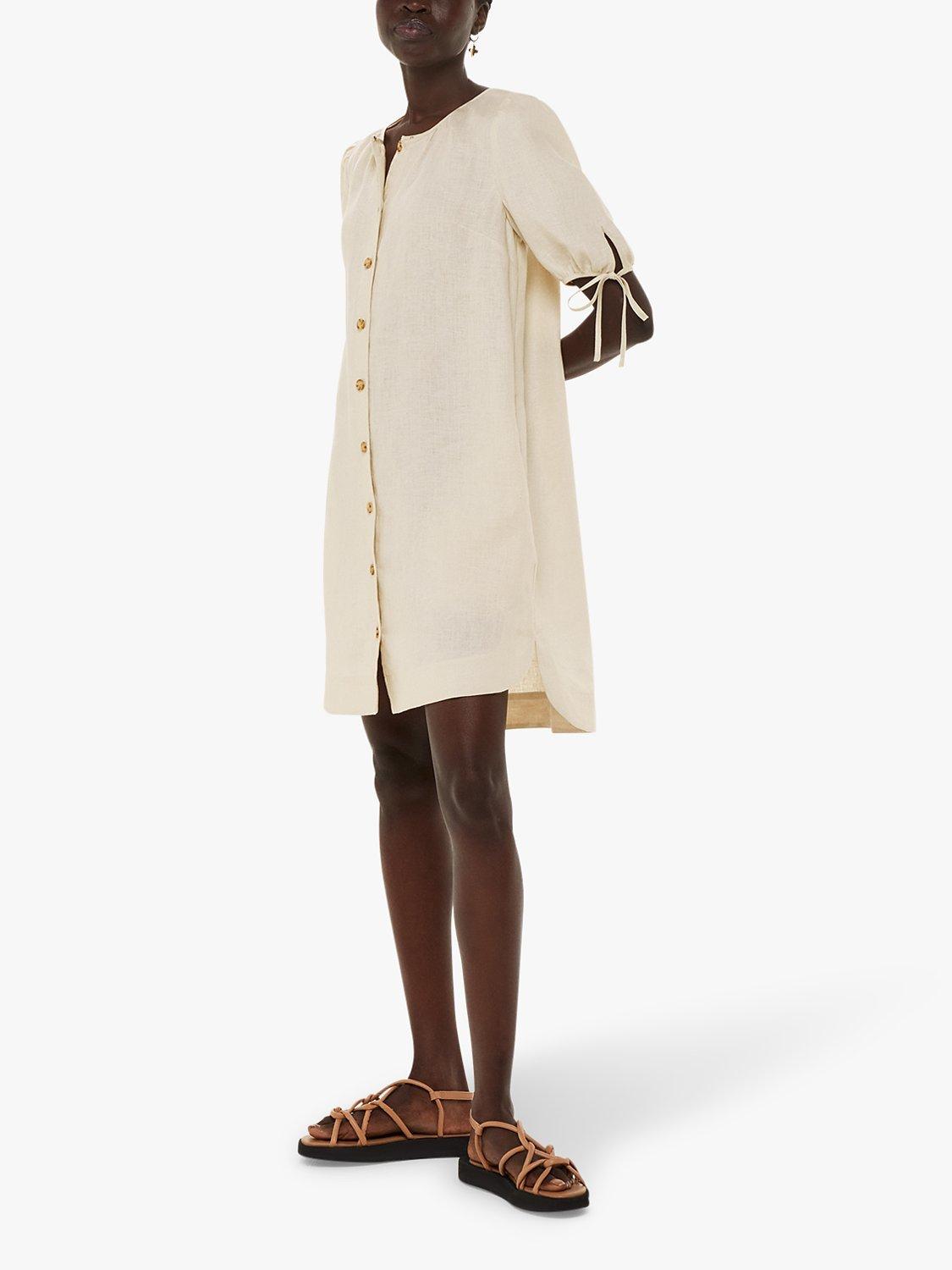Whistles Frankie Button Through Puff Sleeve Dress, Stone