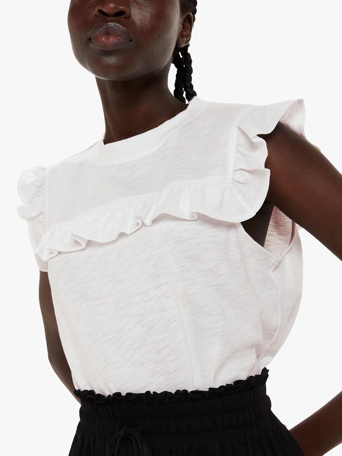 Whistles Cotton Yoke Frill T-Shirt, White