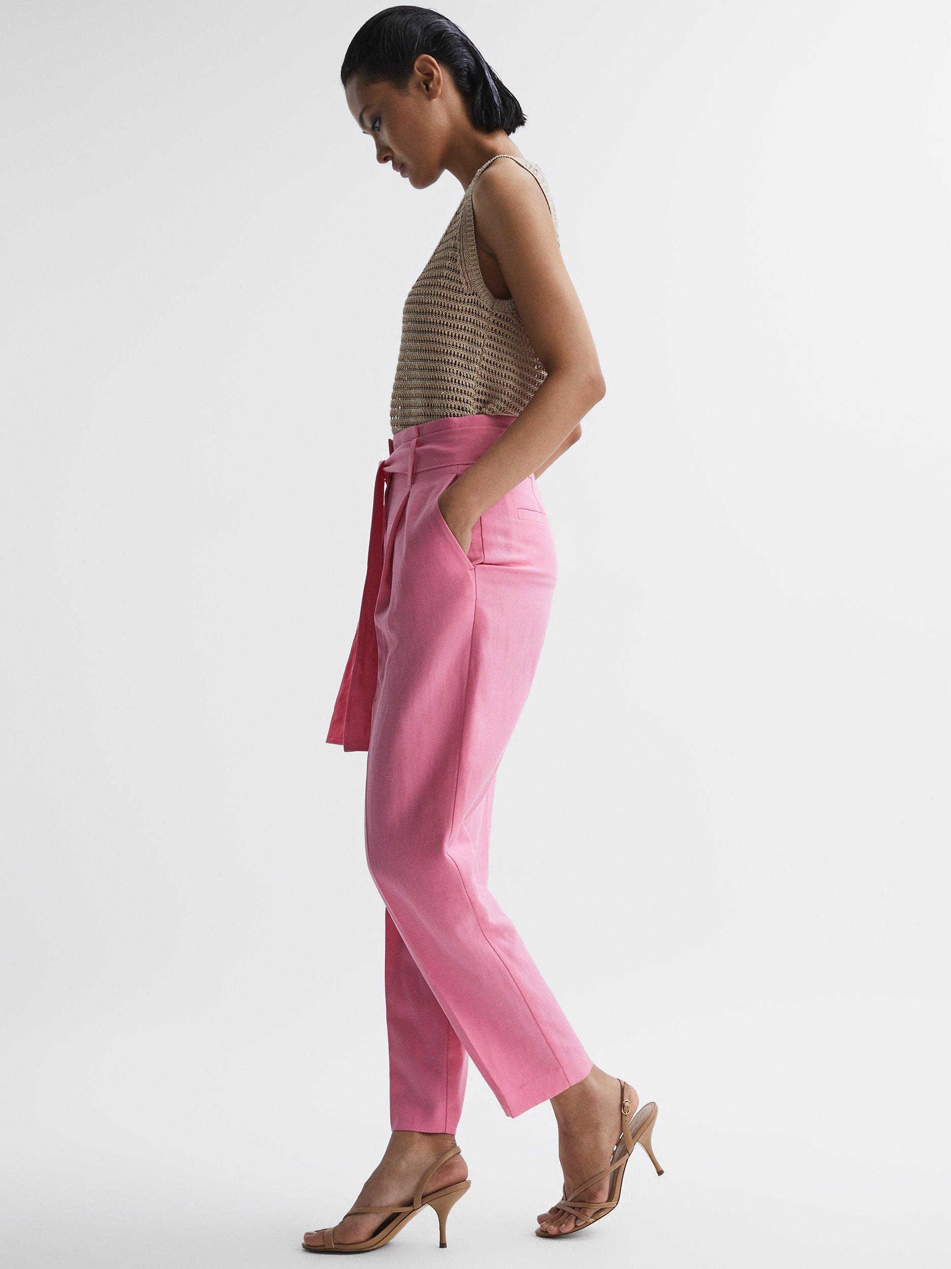 Reiss Kylee Linen Blend Tie Belt Trousers, Pink