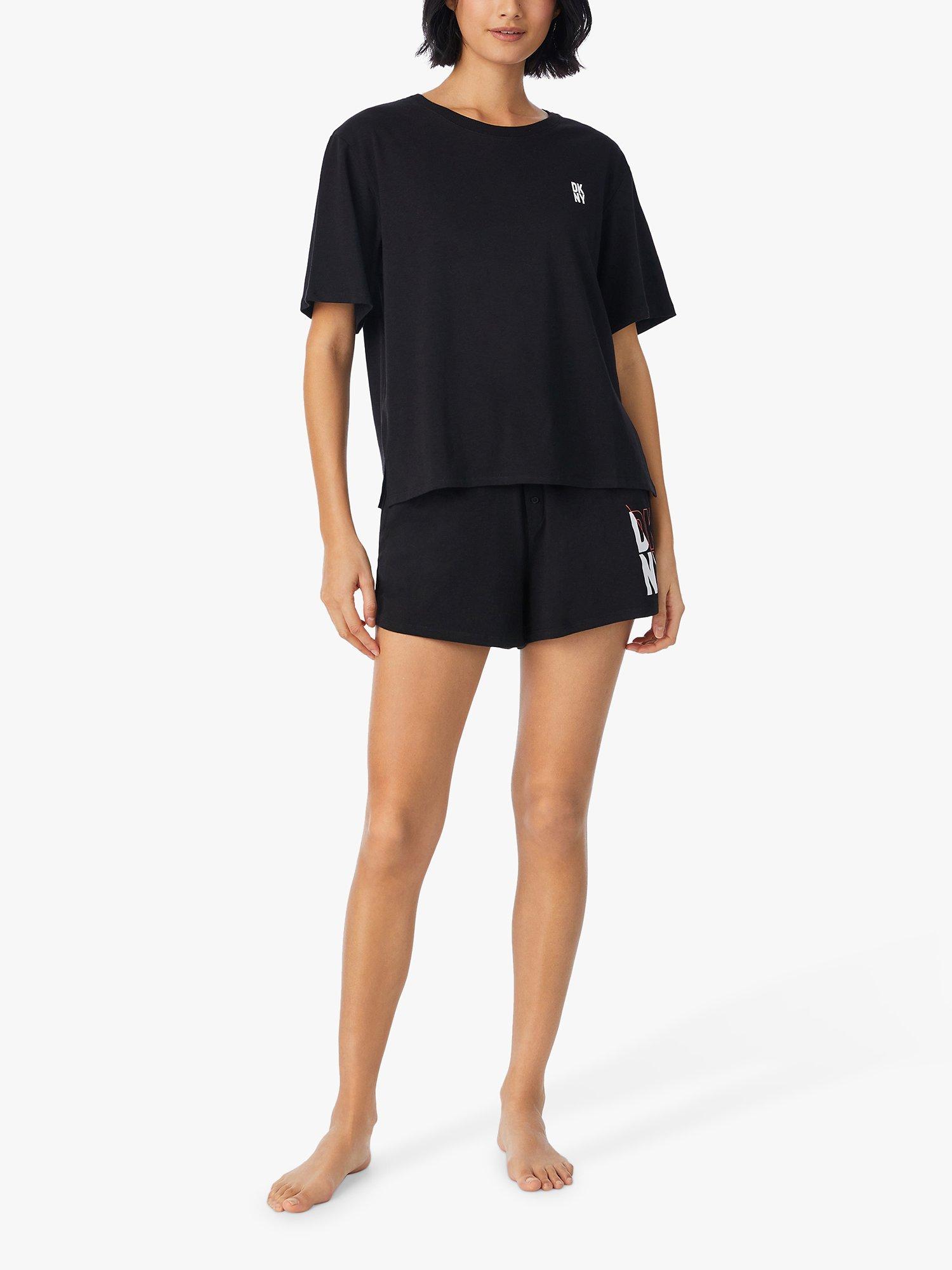 Product image 3 of 3, which shows DKNY Cotton Short Sleeve Elasticated Boxer Pyjama Set, Black, S