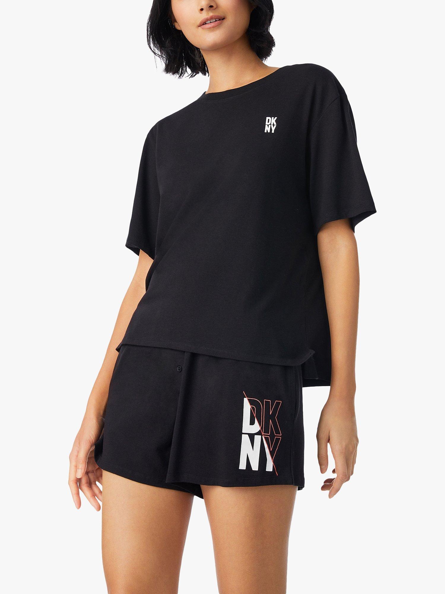Product image 1 of 3, which shows DKNY Cotton Short Sleeve Elasticated Boxer Pyjama Set, Black, S