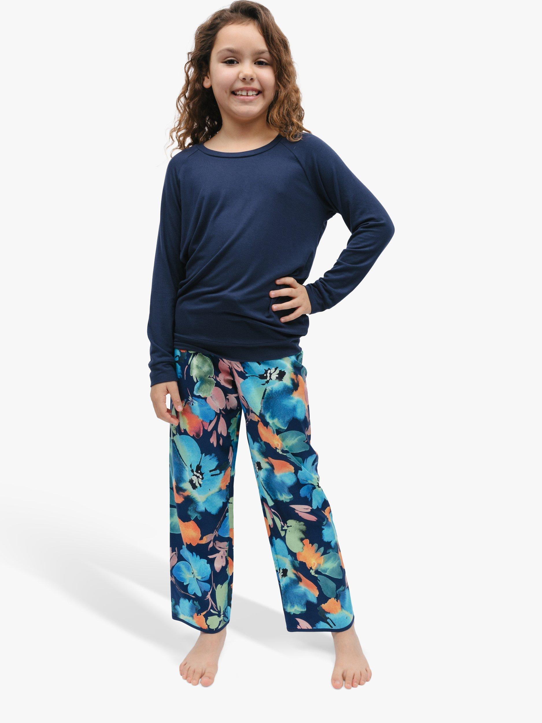 Product image 1 of 4, which shows Minijammies Kids' Bea Slouch Top and Floral Print Pyjama Bottoms Set, Dark Blue, 2-3 years