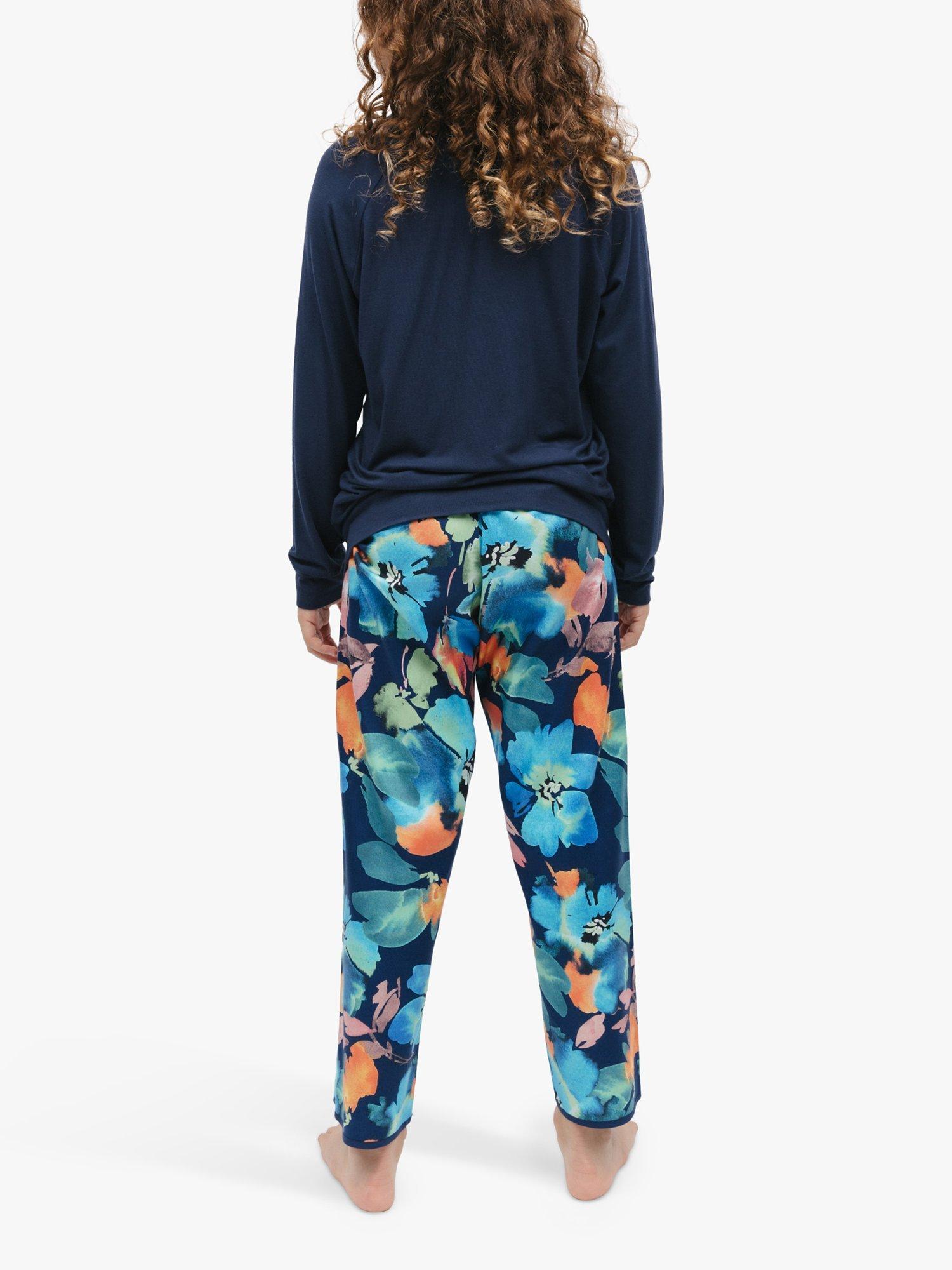 Product image 2 of 4, which shows Minijammies Kids' Bea Slouch Top and Floral Print Pyjama Bottoms Set, Dark Blue, 2-3 years