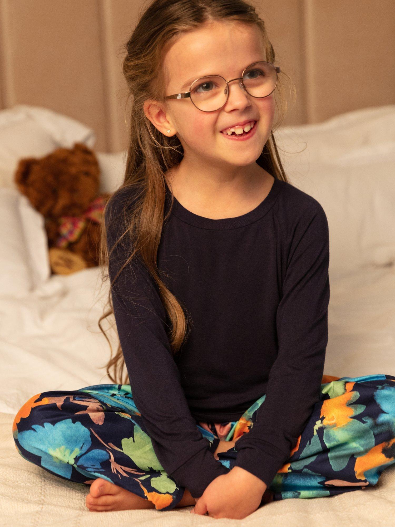 Product image 4 of 4, which shows Minijammies Kids' Bea Slouch Top and Floral Print Pyjama Bottoms Set, Dark Blue, 2-3 years