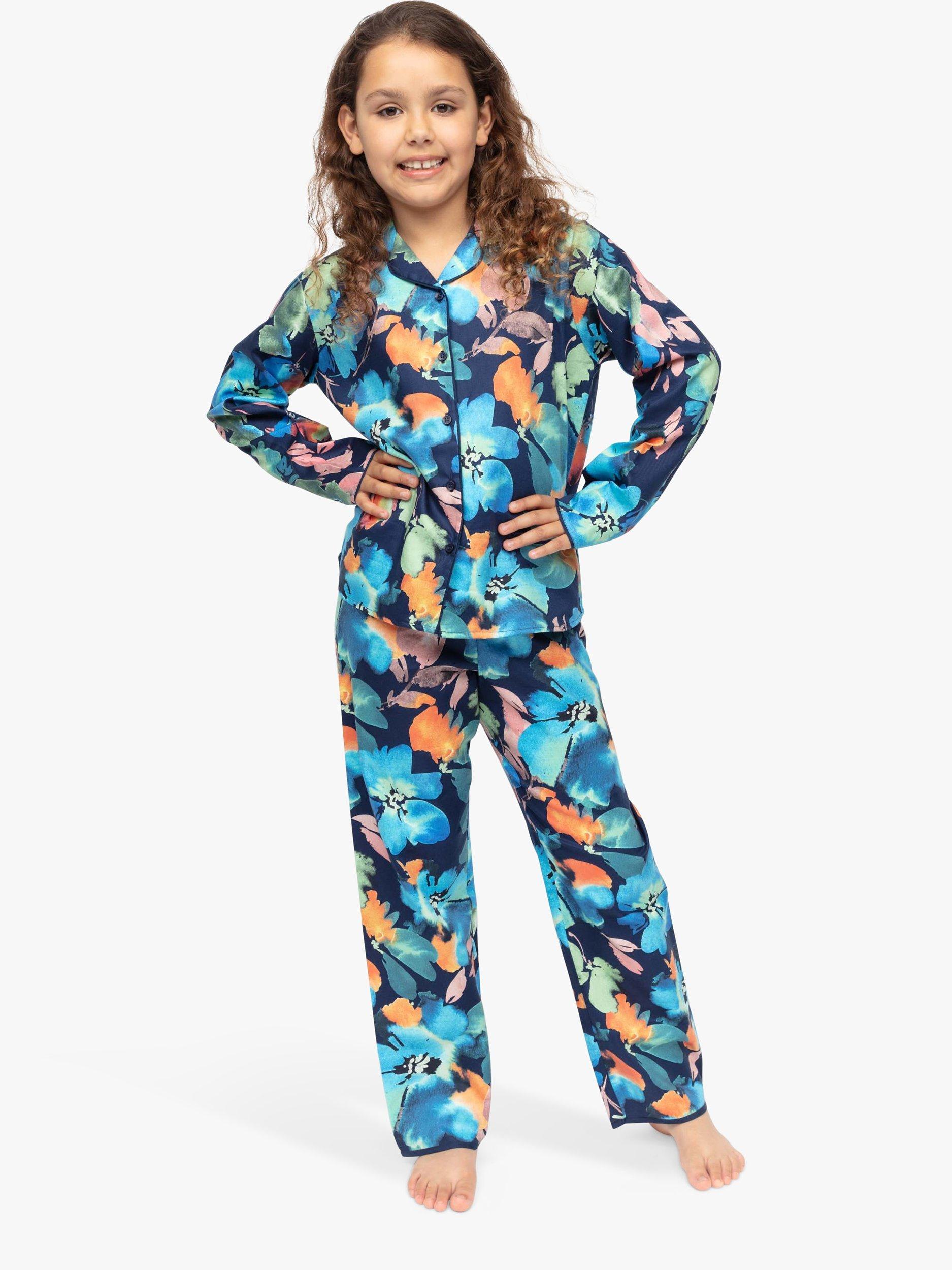 Product image 1 of 4, which shows Minijammies Kids' Bea Floral Pyjamas, Dark Blue, 2-3 years