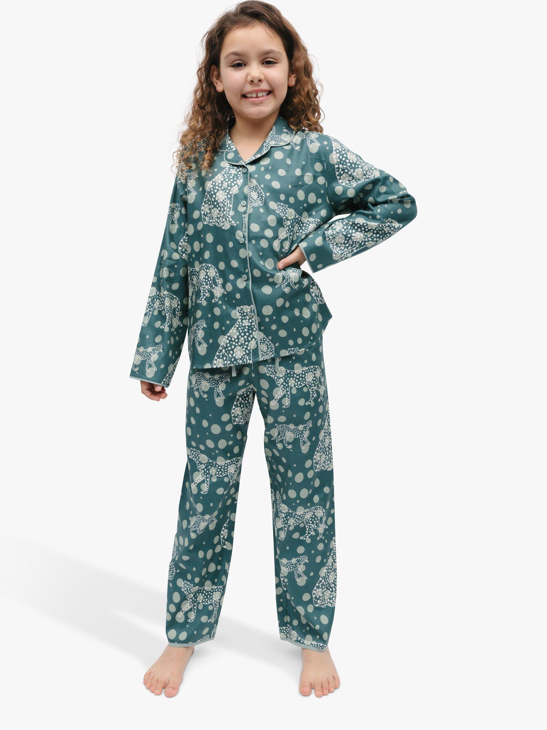 Product image 1 of 4, which shows Minijammies Kids' Hannah Leopard Print Pyjamas, Green, 8-9 years