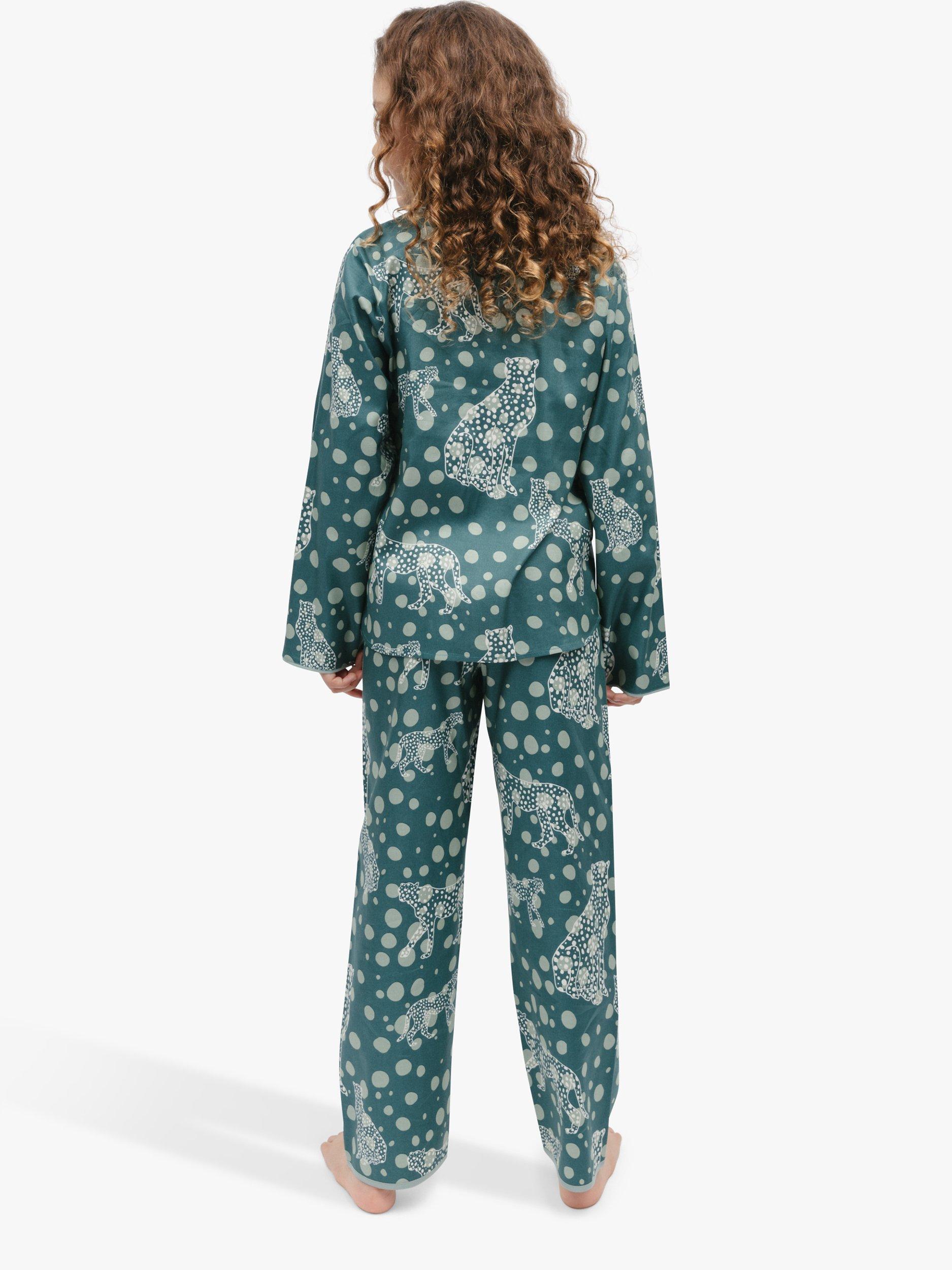 Product image 2 of 4, which shows Minijammies Kids' Hannah Leopard Print Pyjamas, Green, 8-9 years