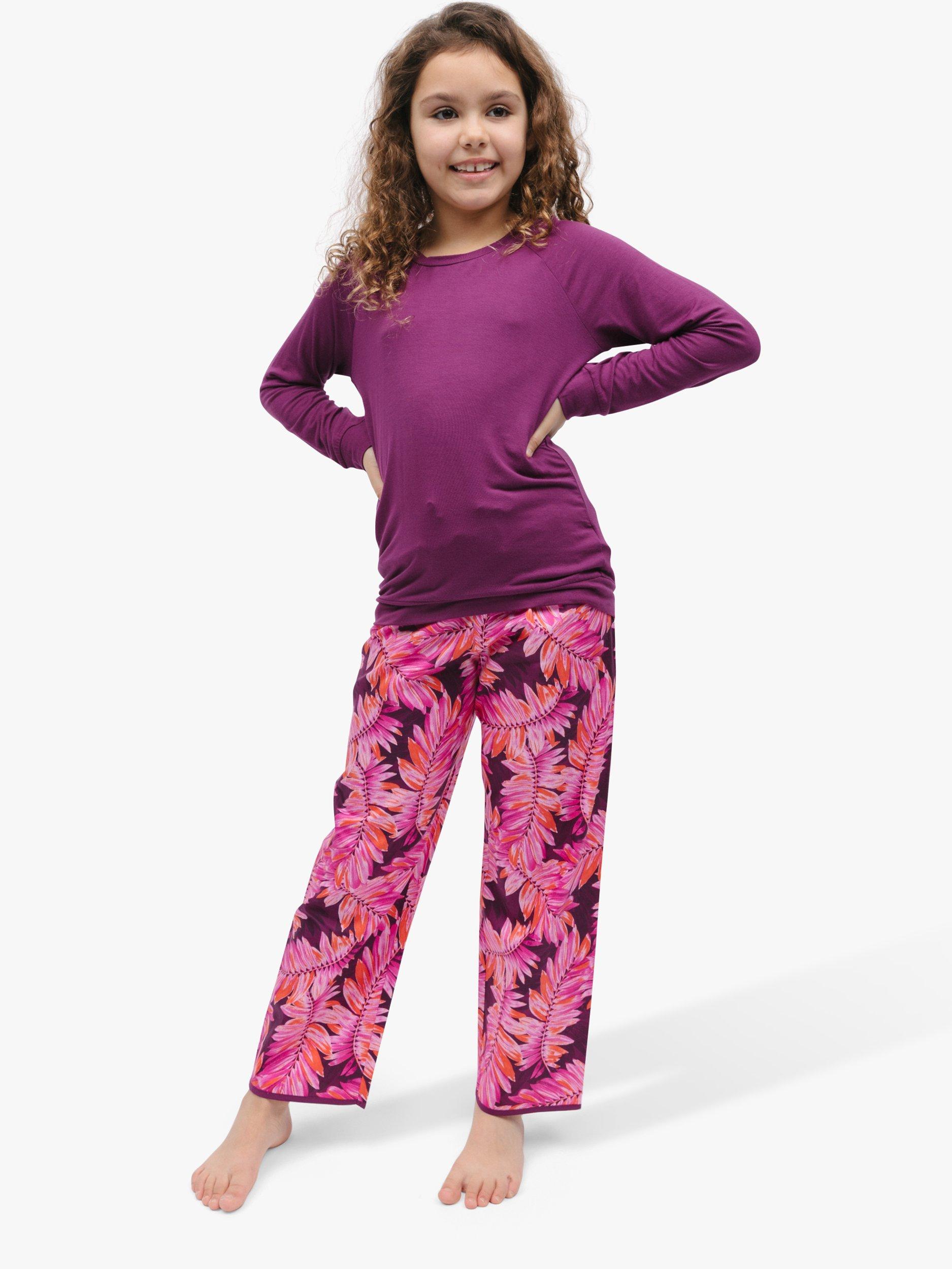 Product image 1 of 4, which shows Minijammies Kids' Carina Leaf Print Pyjamas, Magenta, 6-7 years