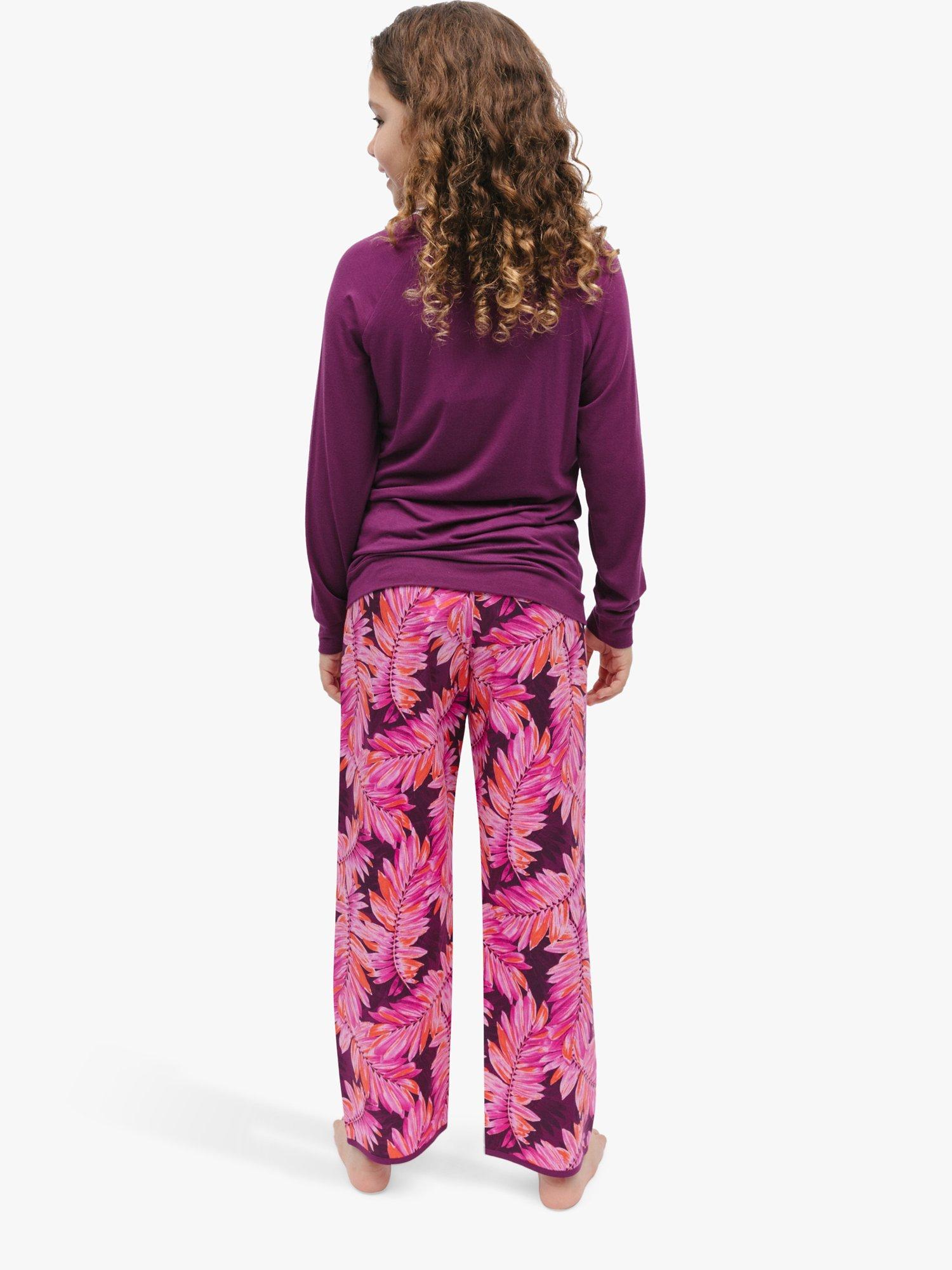 Product image 2 of 4, which shows Minijammies Kids' Carina Leaf Print Pyjamas, Magenta, 6-7 years