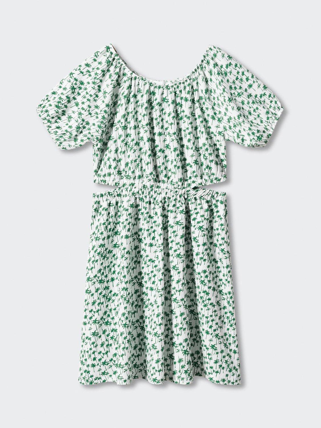 Mango Kids' Tina Cut-Out Detail Palm Print Dress, White/Green