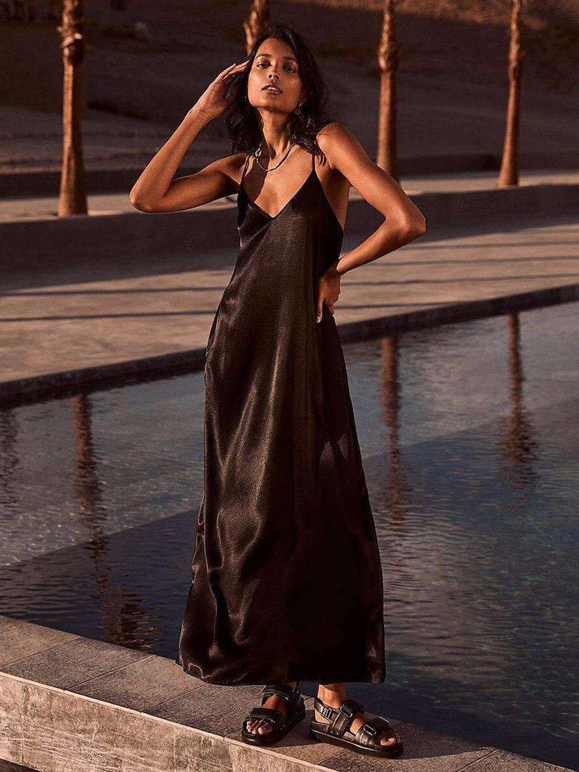 Mint Velvet Satin Trapeze Maxi Dress, Black