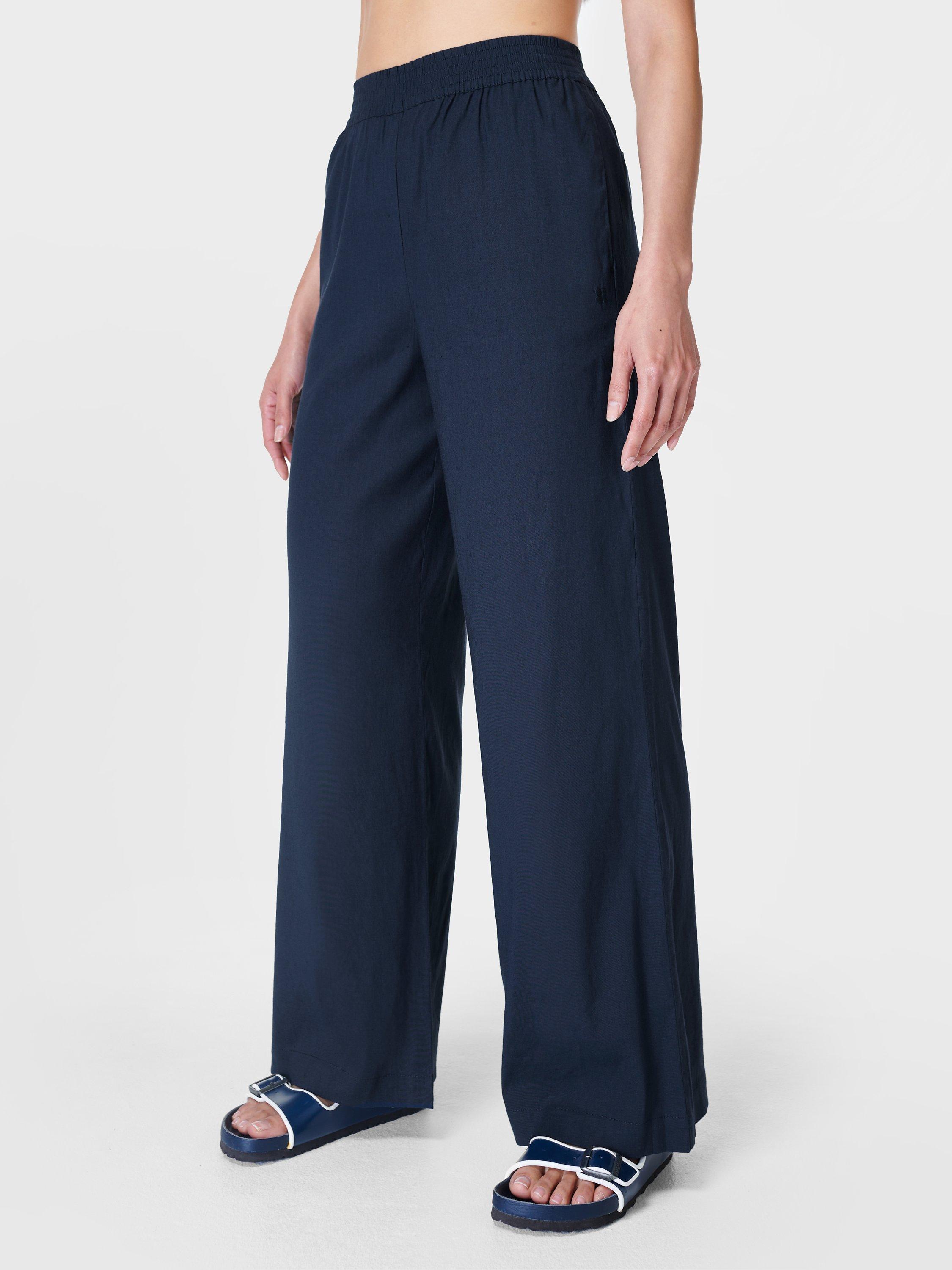 Sweaty Betty Summer Stretch Linen Blend Wide Leg Trousers, Navy Blue