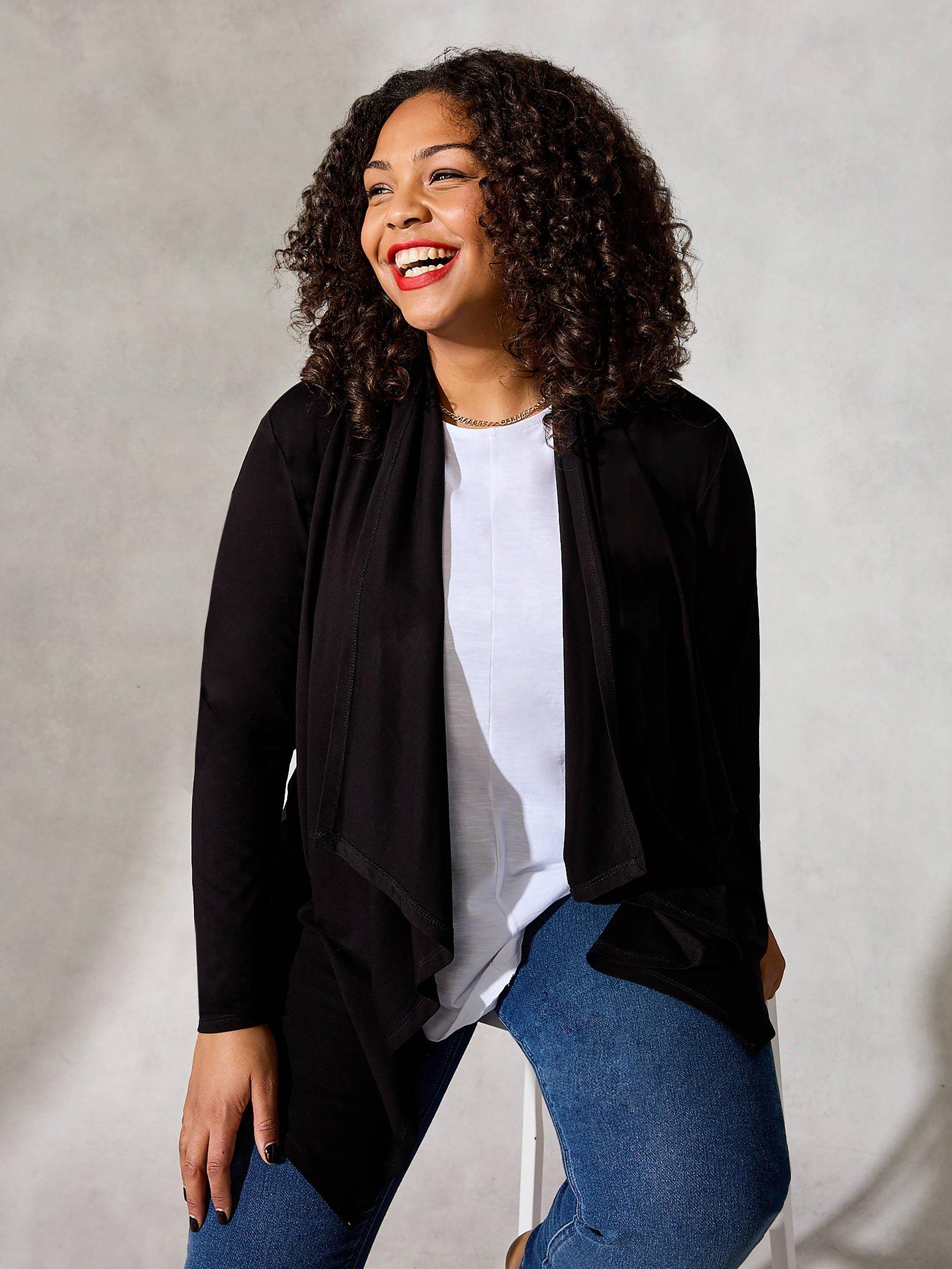 Live Unlimited Curve Plain Waterfall Cardigan, Black