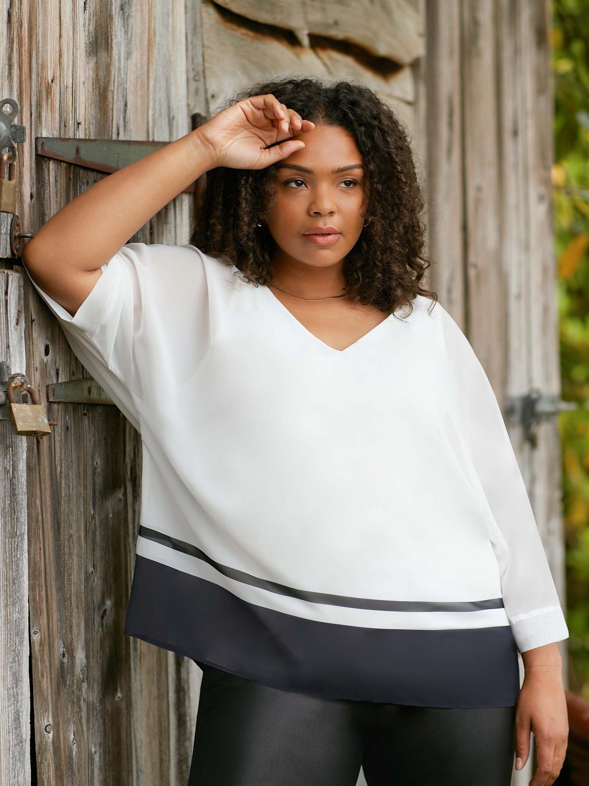 Live Unlimited Curve V-Neck Chiffon Overlay Top, White