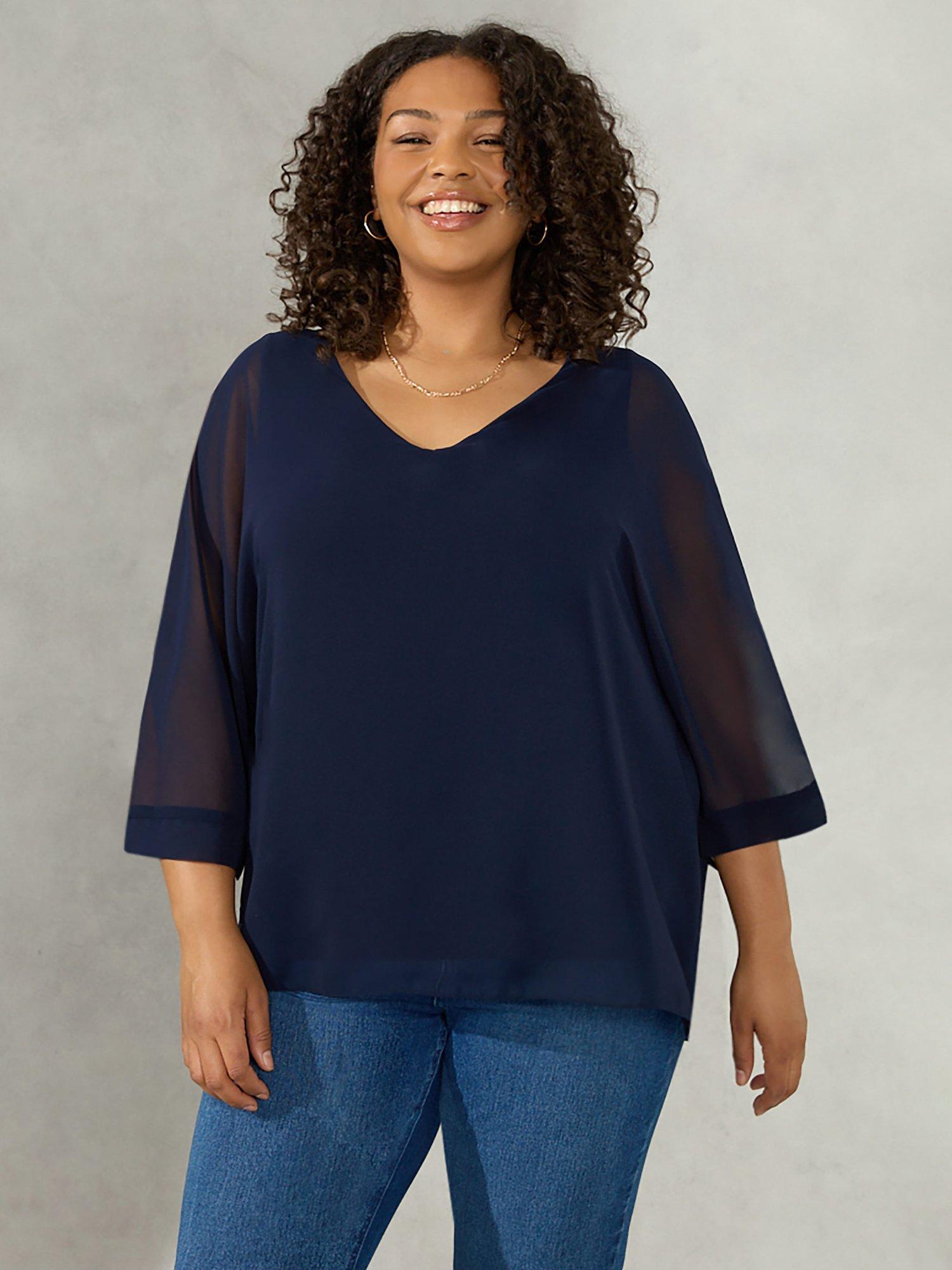 Live Unlimited Curve V-Neck Chiffon Overlay Top, Navy
