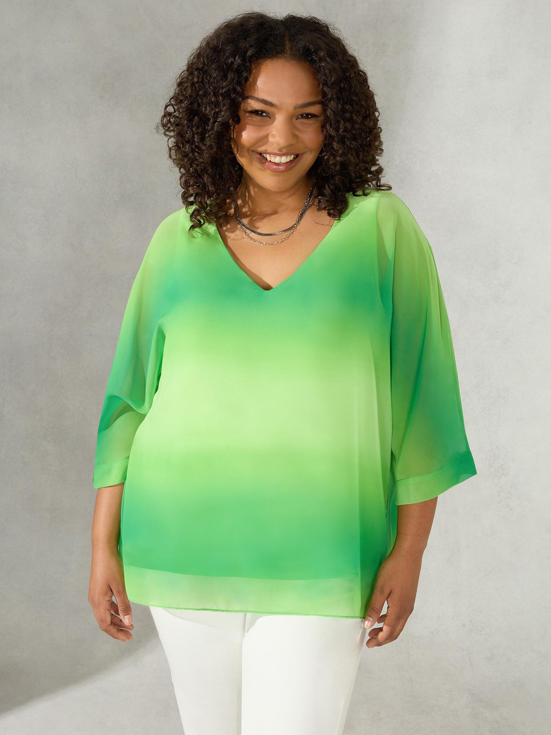 Live Unlimited Curve Ombre V Neck Chiffon Overlay Top, Green