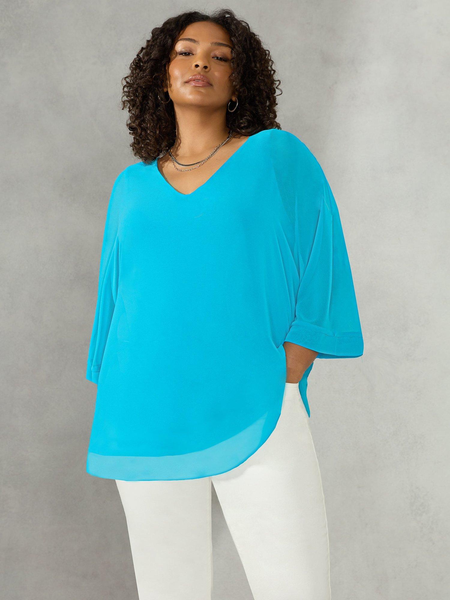 Live Unlimited Curve V-Neck Chiffon Overlay Top, Turquoise