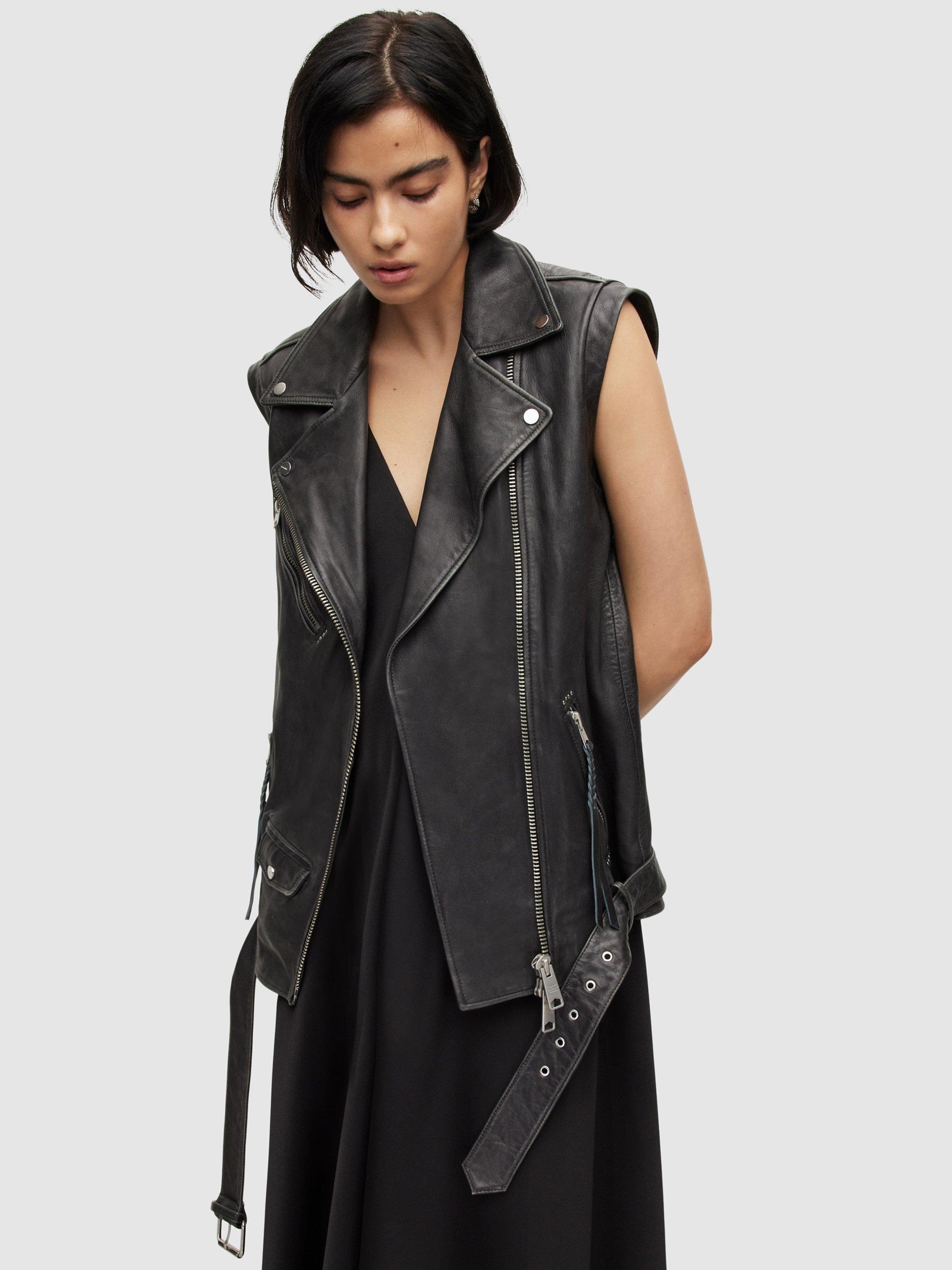 AllSaints Billie Vintage Leather Gilet, Washed Black