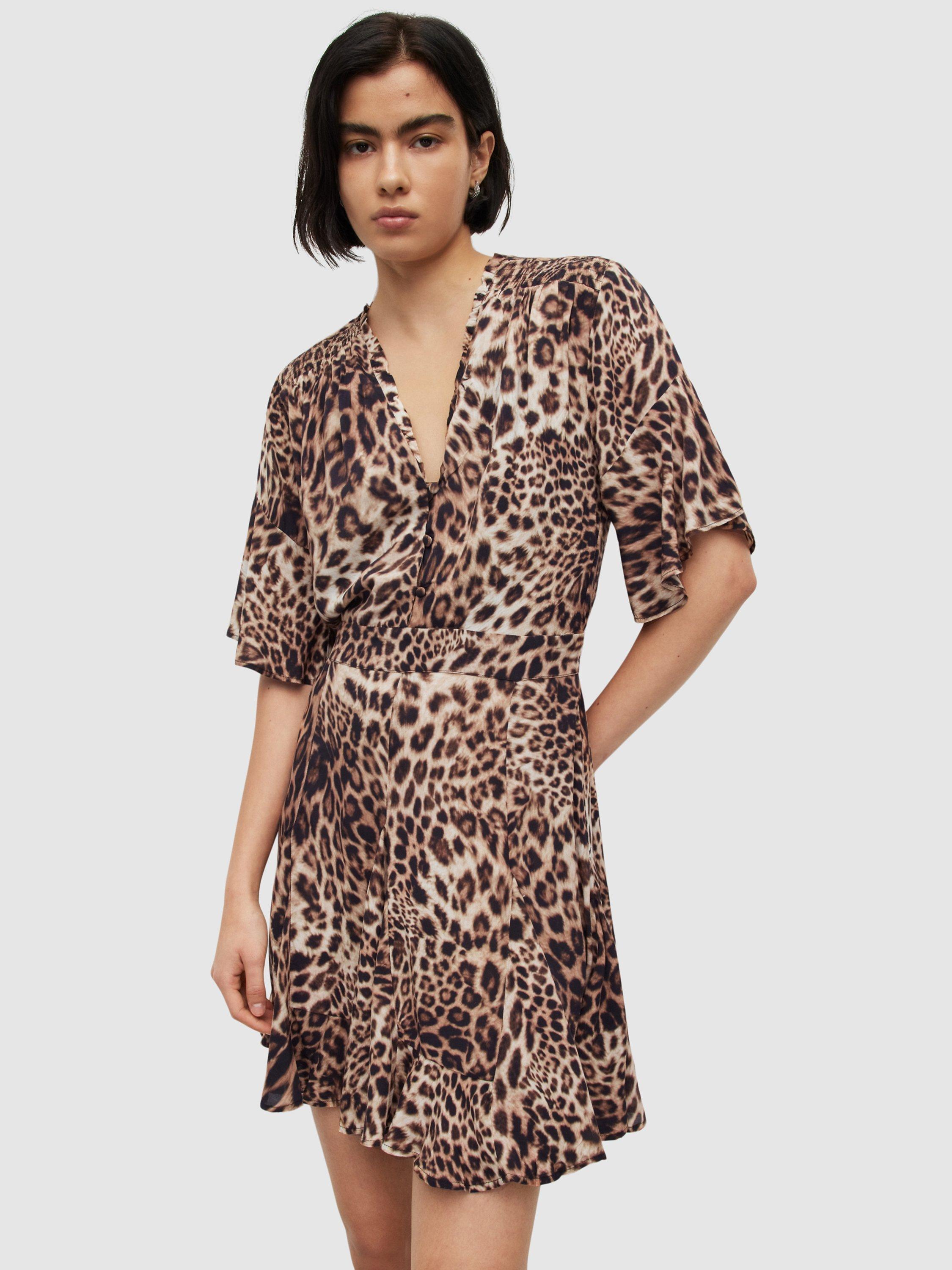 AllSaints Dina Evita Animal Print Mini Dress, Brown