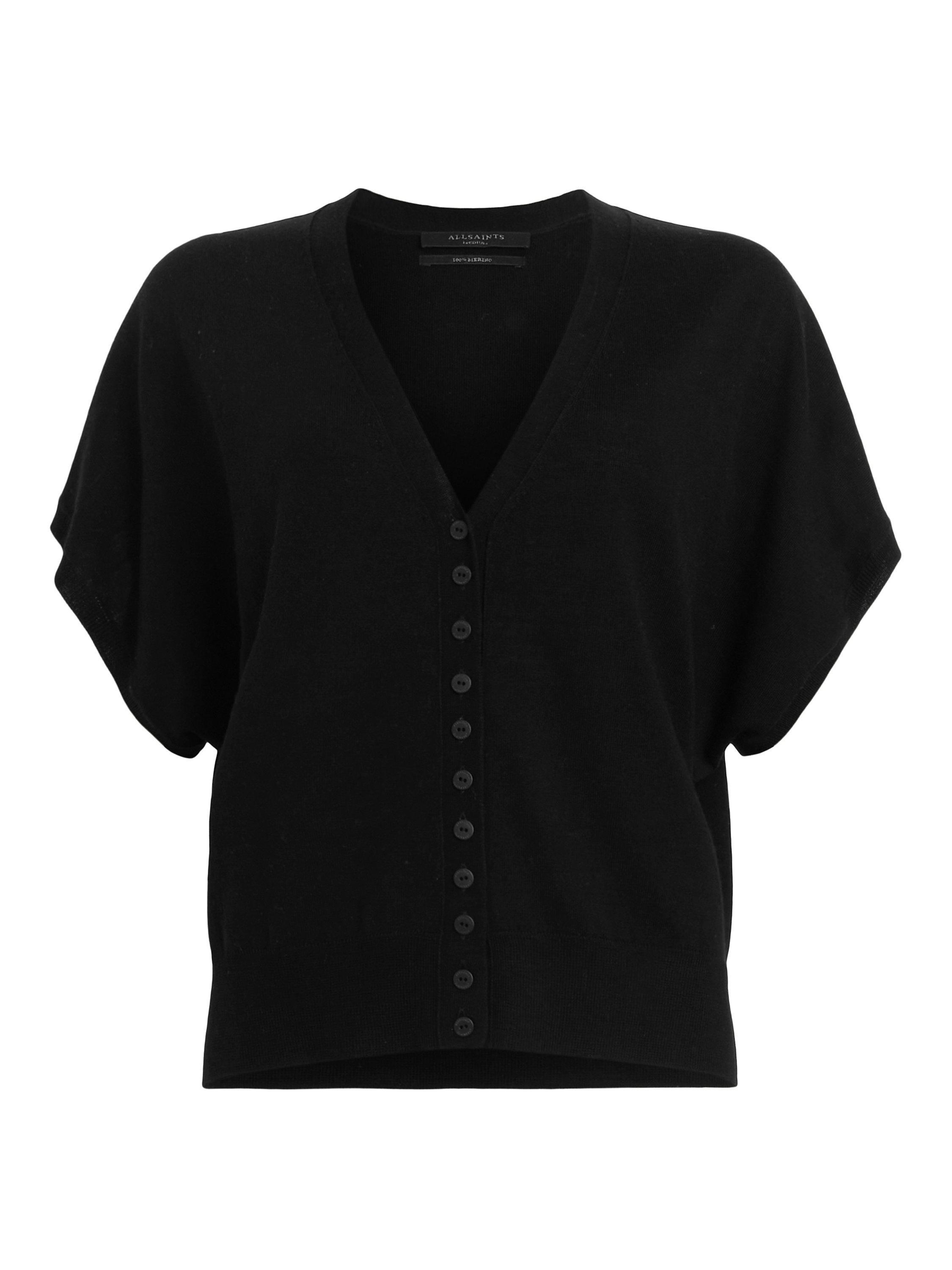 Product image 4 of 9, which shows AllSaints Bronte Wool Short Sleeve Cardigan, Black, L