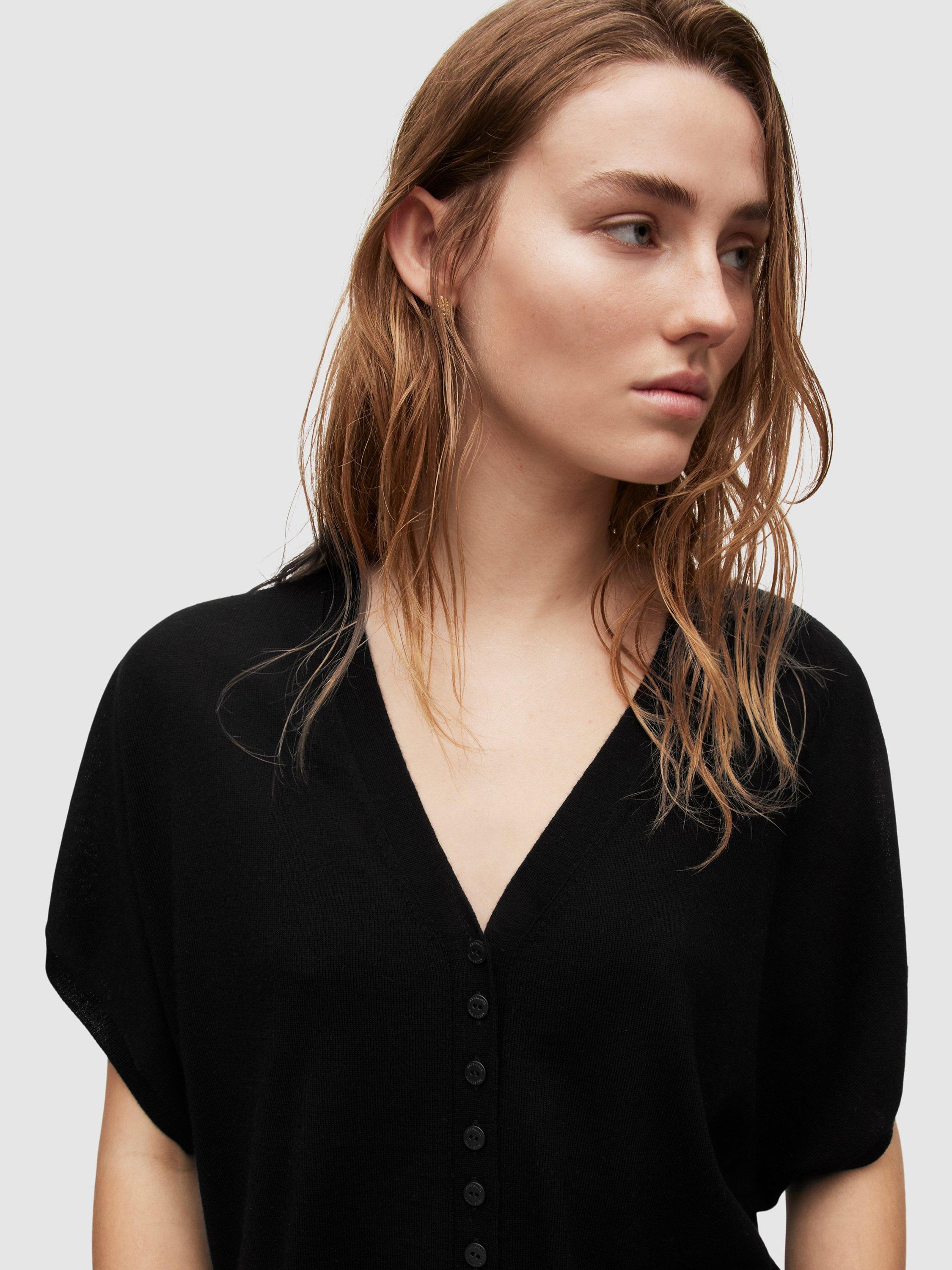 Product image 5 of 9, which shows AllSaints Bronte Wool Short Sleeve Cardigan, Black, L