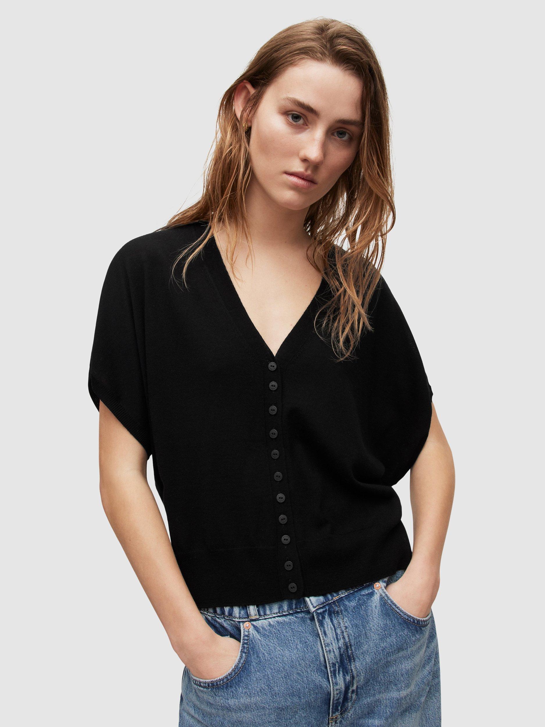 Product image 6 of 9, which shows AllSaints Bronte Wool Short Sleeve Cardigan, Black, L