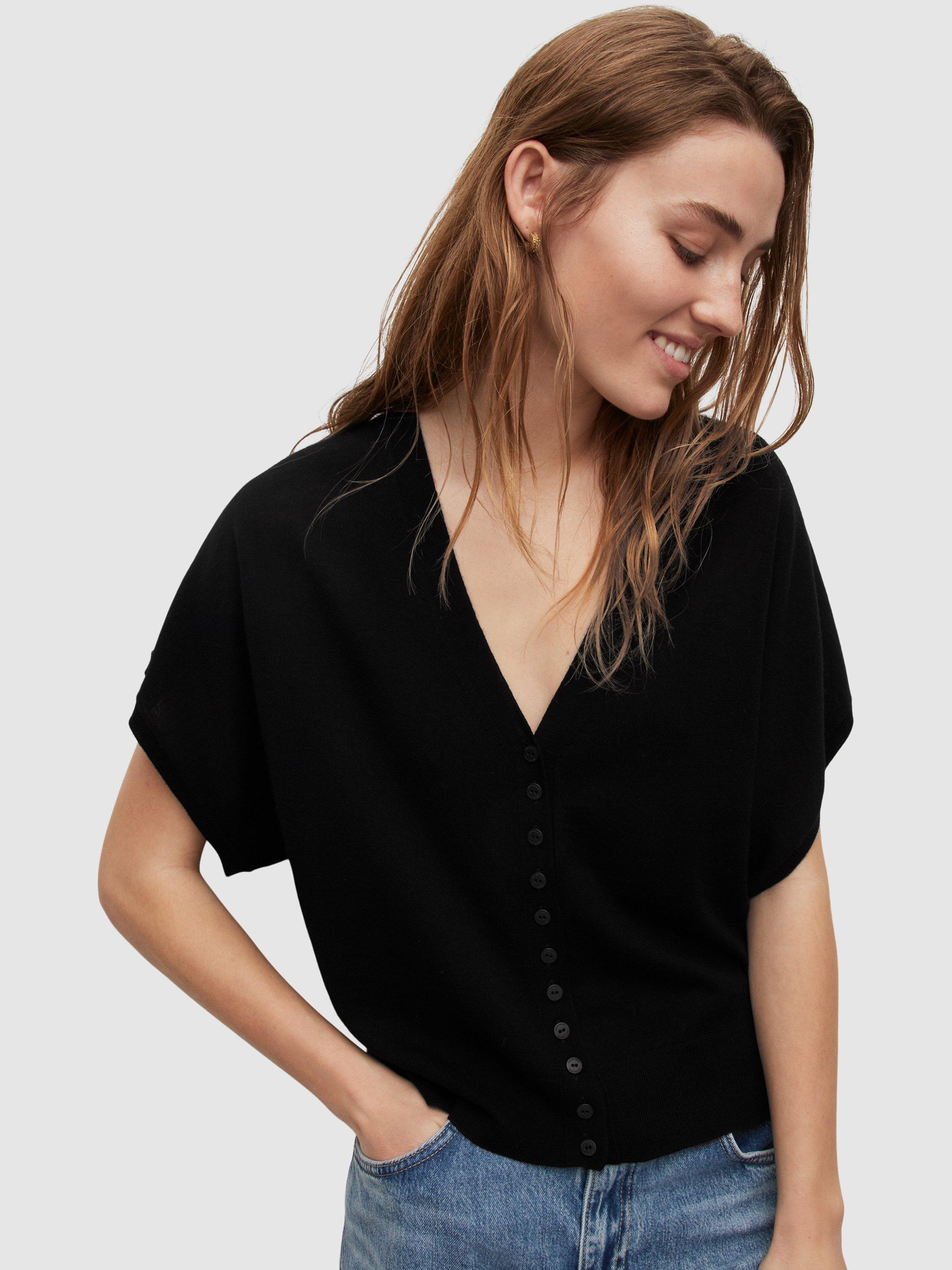 Product image 7 of 9, which shows AllSaints Bronte Wool Short Sleeve Cardigan, Black, L