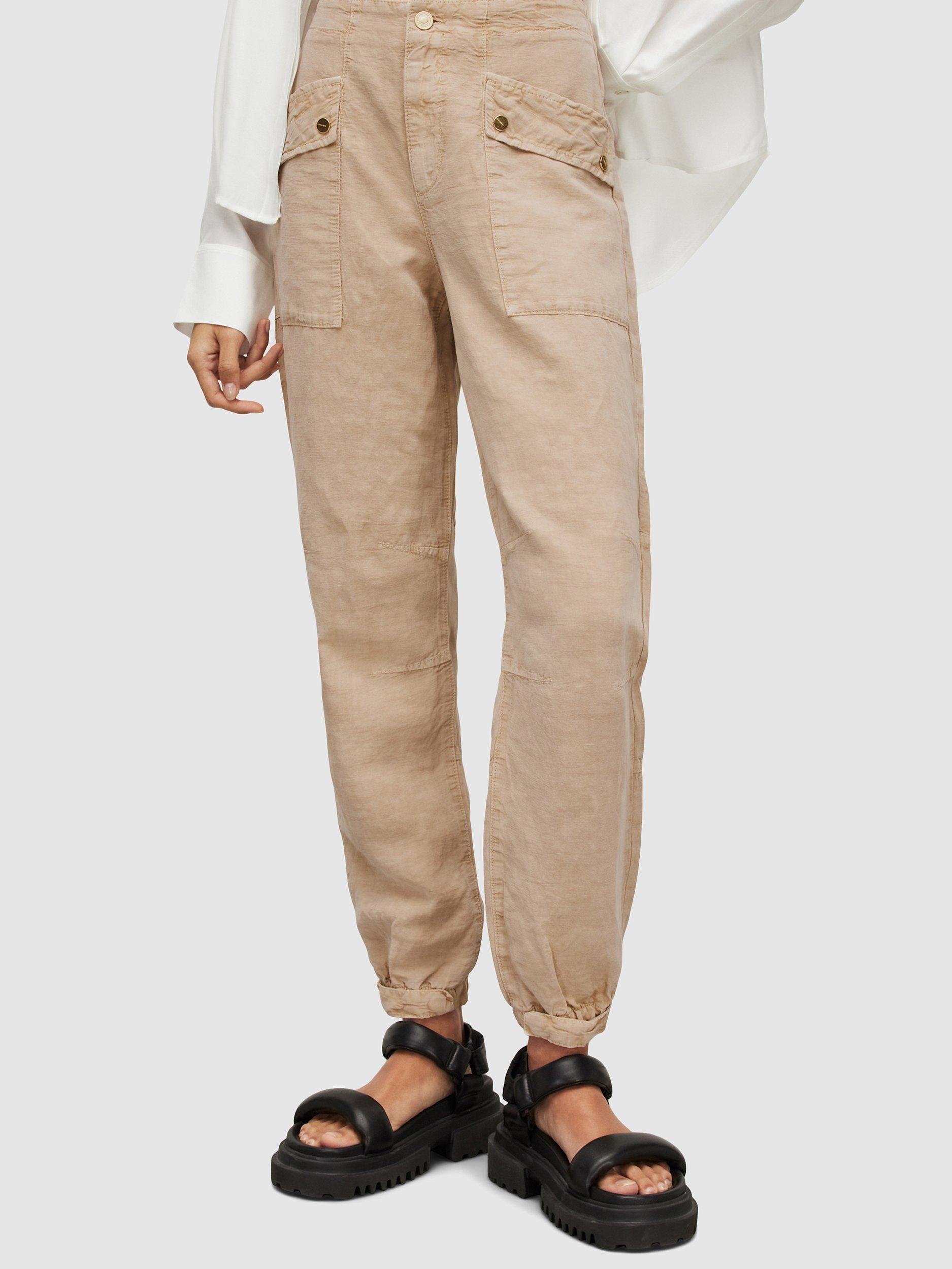AllSaints Val Linen Blend Cargo Trousers, Sand, 6