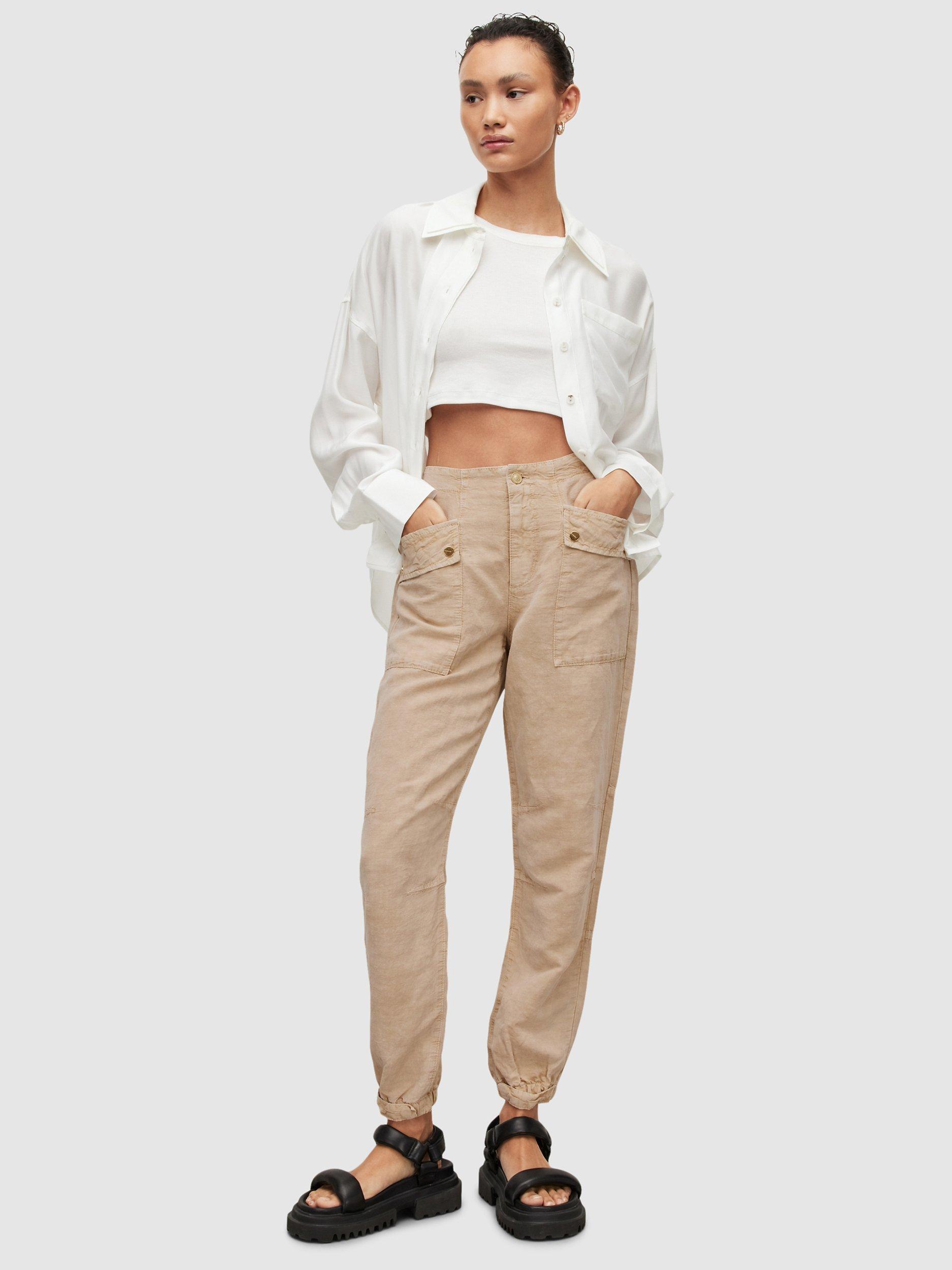 AllSaints Val Linen Blend Cargo Trousers, Sand, 6