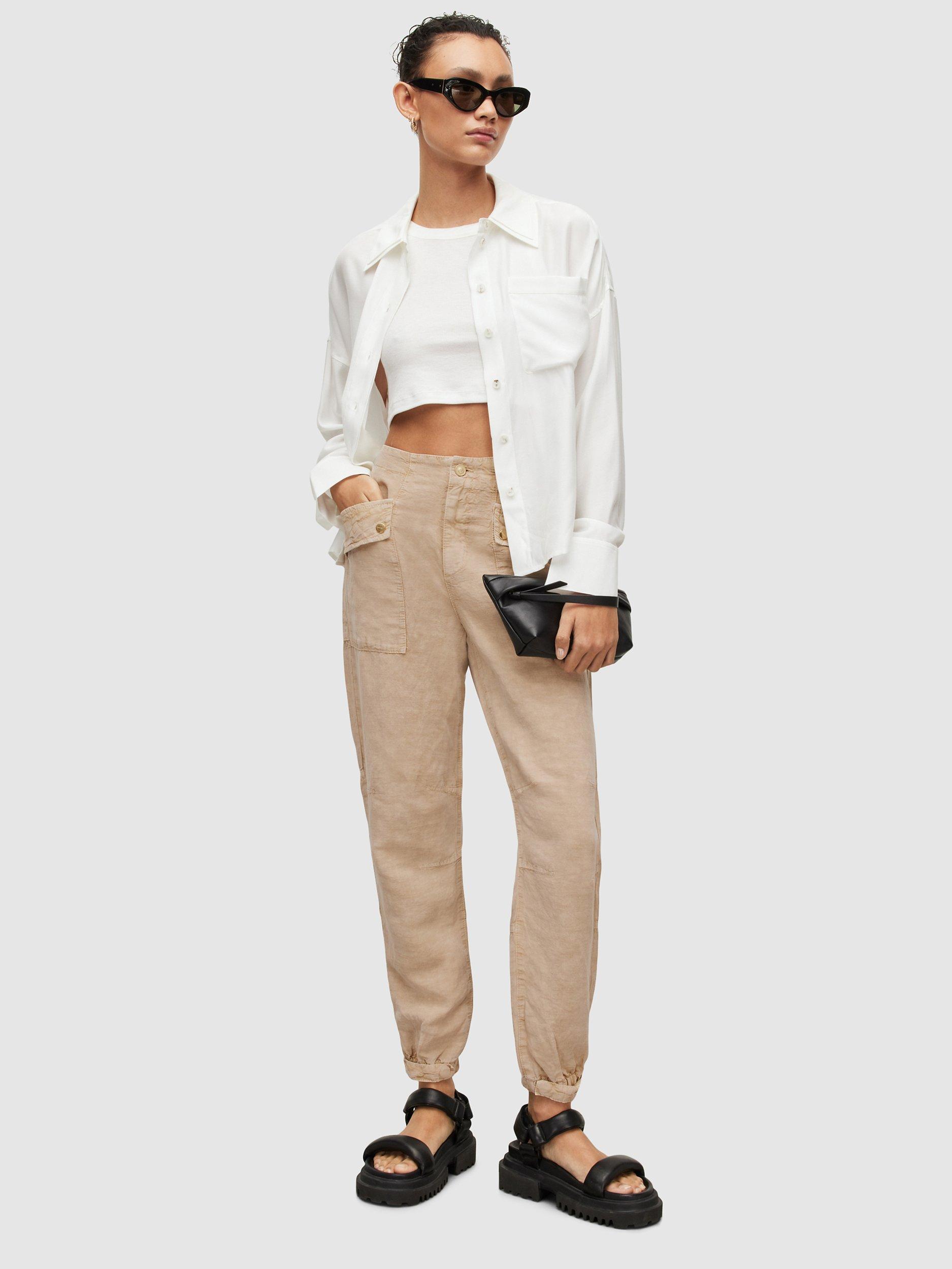 AllSaints Val Linen Blend Cargo Trousers, Sand, 6