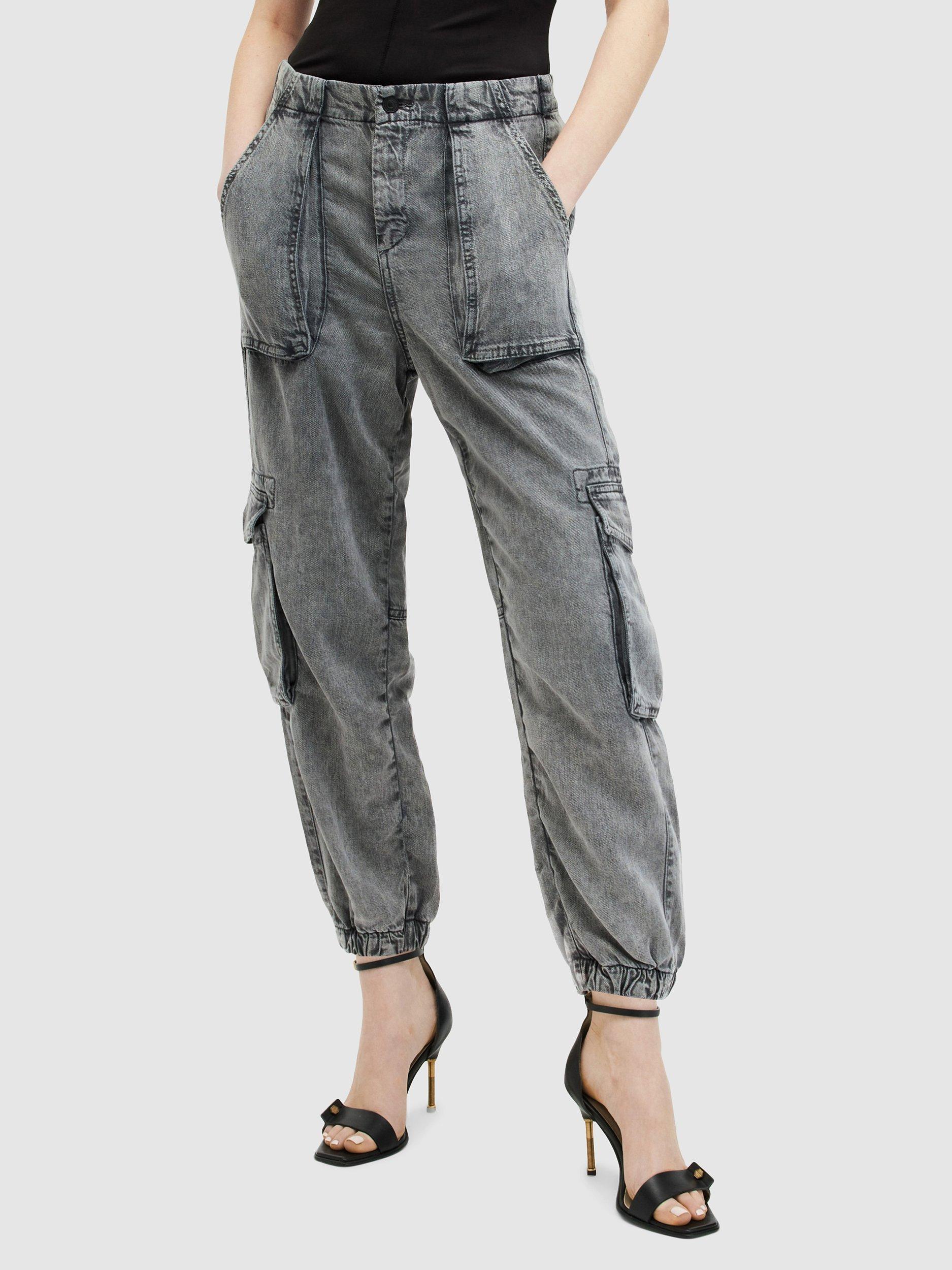 AllSaints Frieda Cuffed Hem Denim Cargo Trousers, Anthracite