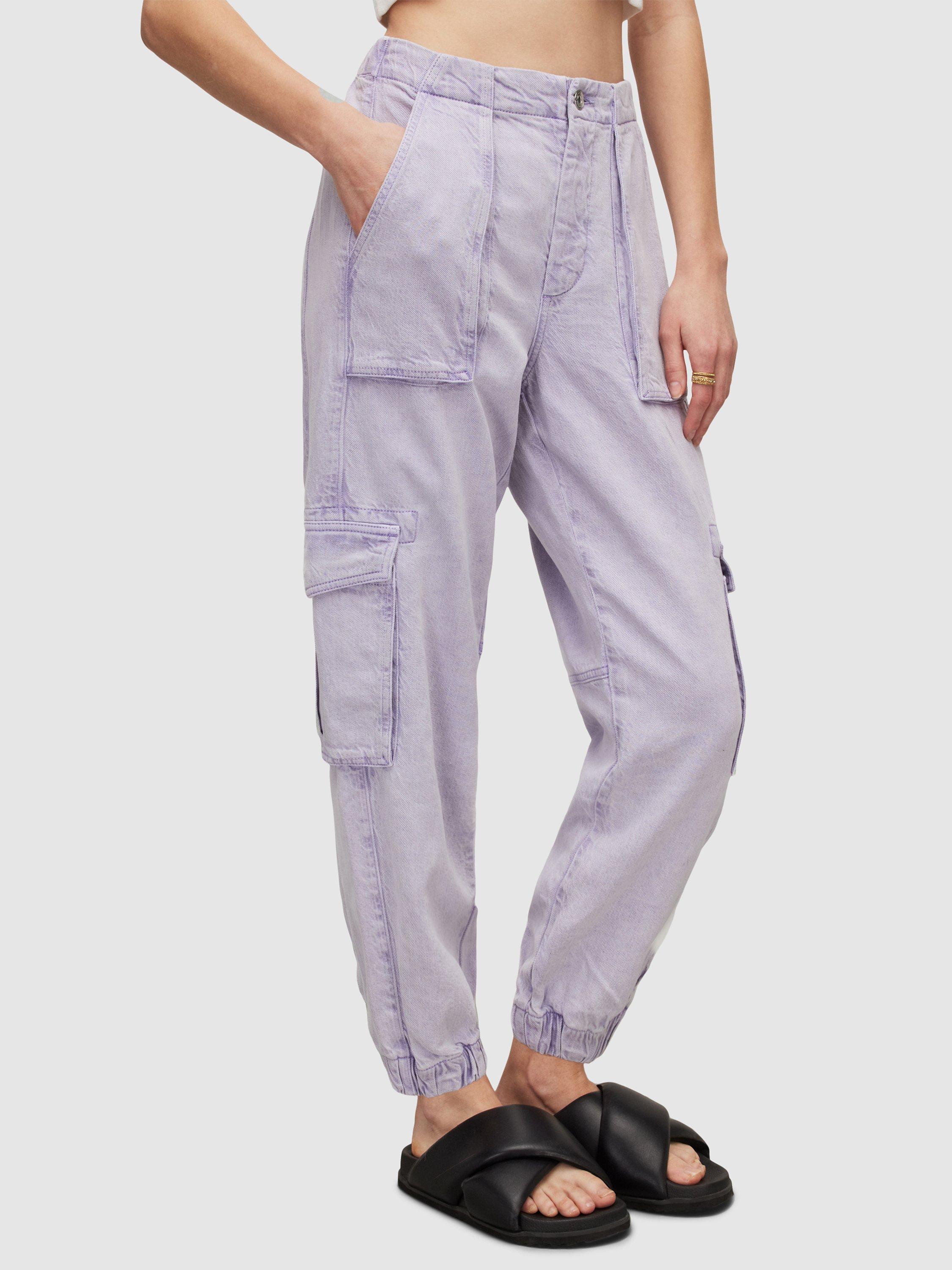 AllSaints Frieda Cuffed Hem Denim Cargo Trousers, Washed Purple