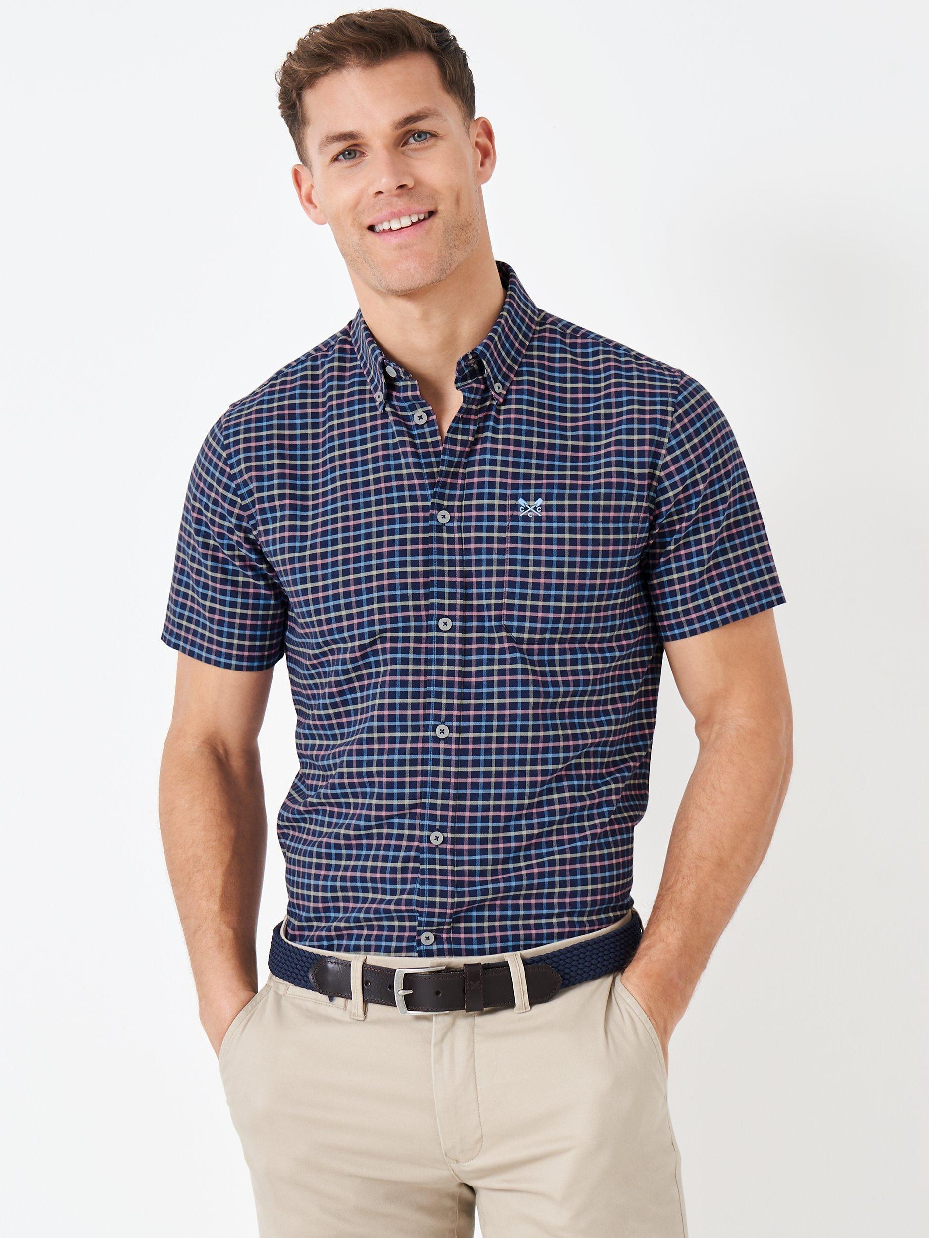 Crew Clothing Short Sleeve Check Oxford Shirt, Navy Blue/Multi