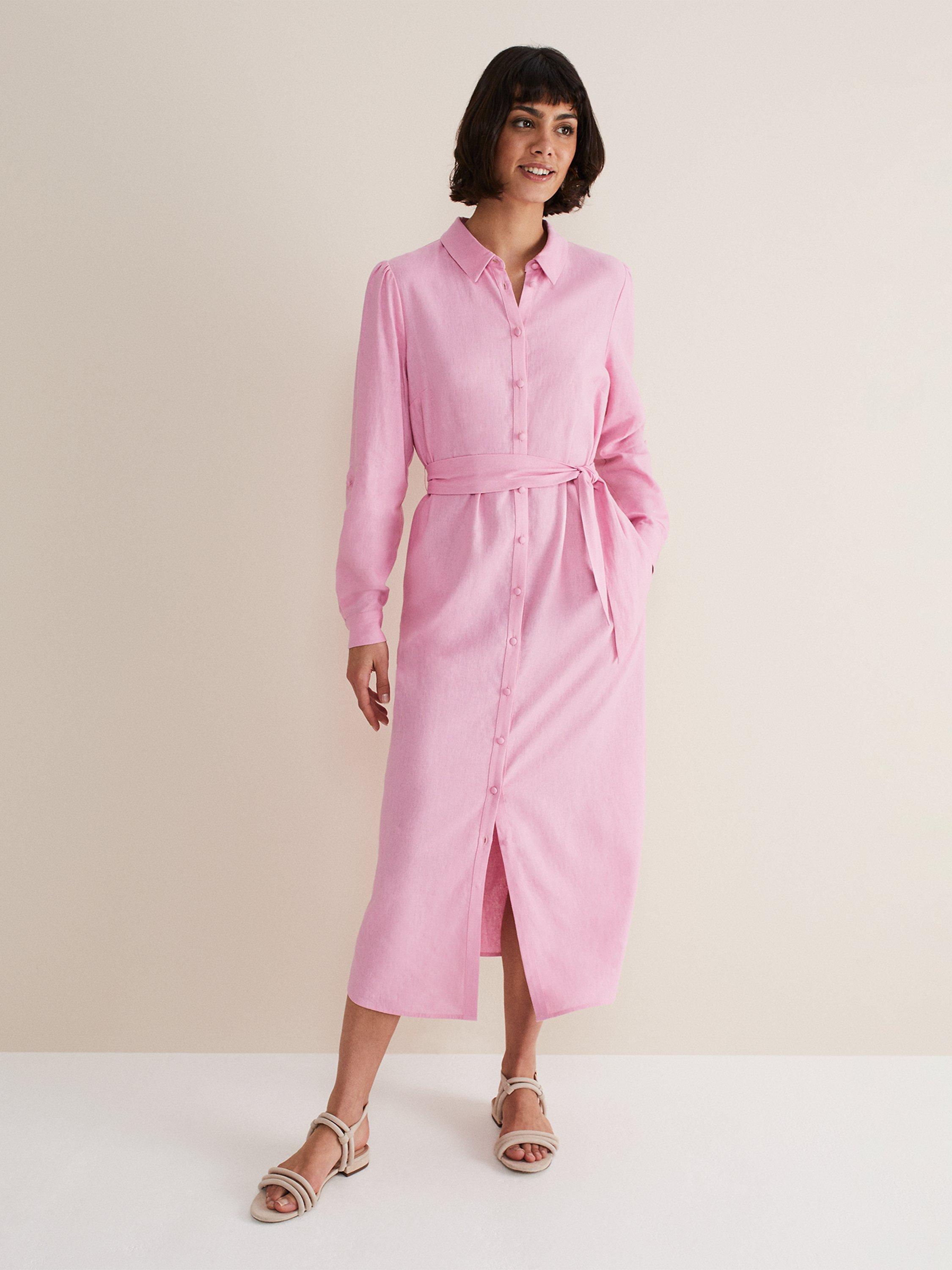 Phase Eight Rosalina Plain Linen-Blend Shirt Dress, Pink