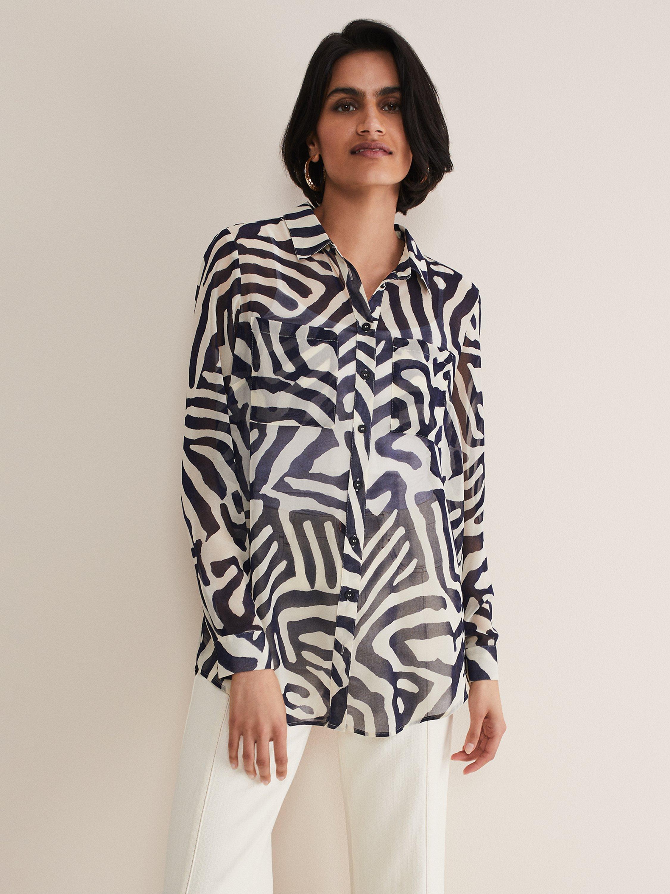 Phase Eight Isabella Longline Zebra Shirt, Blue/Cream