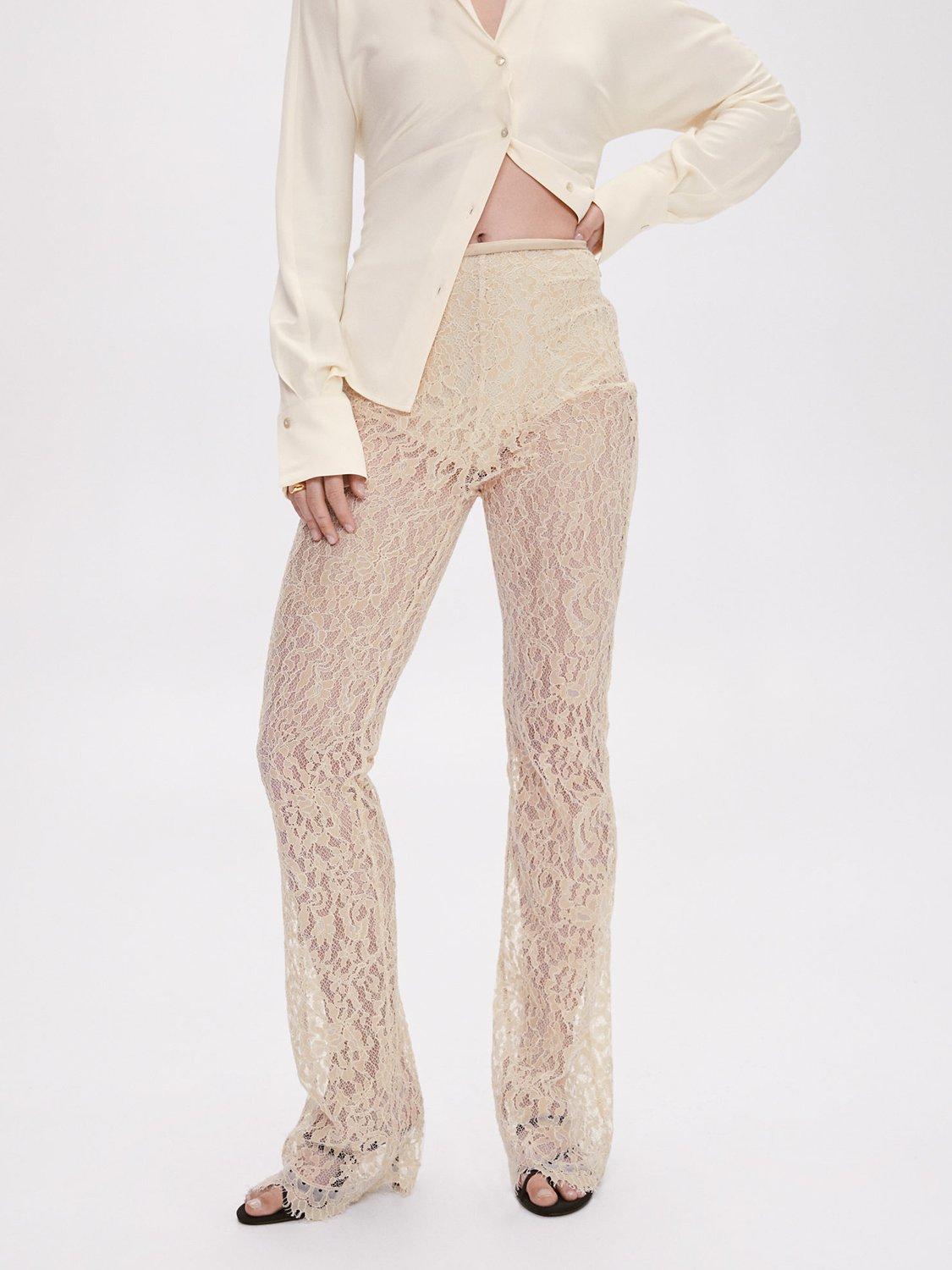 Mango Picasoo Lace Flared Trousers, Light Beige