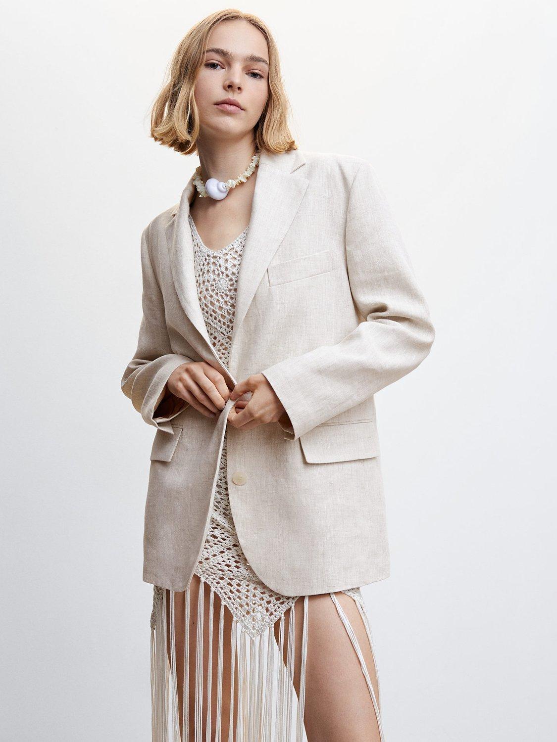 Mango Noel Linen Oversized Blazer, Light Beige