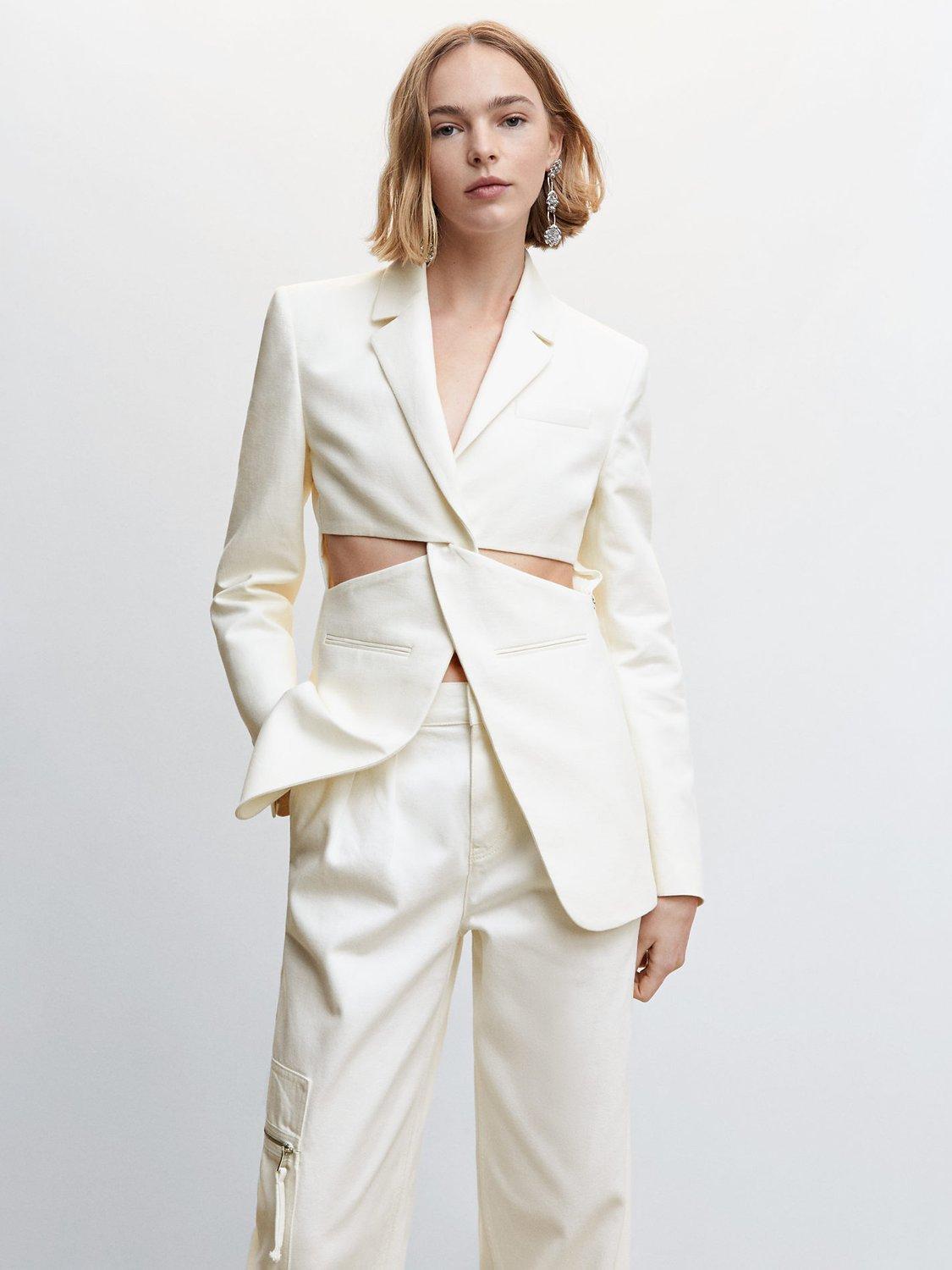 Mango Cut Out Linen Blend Blazer, Light Beige